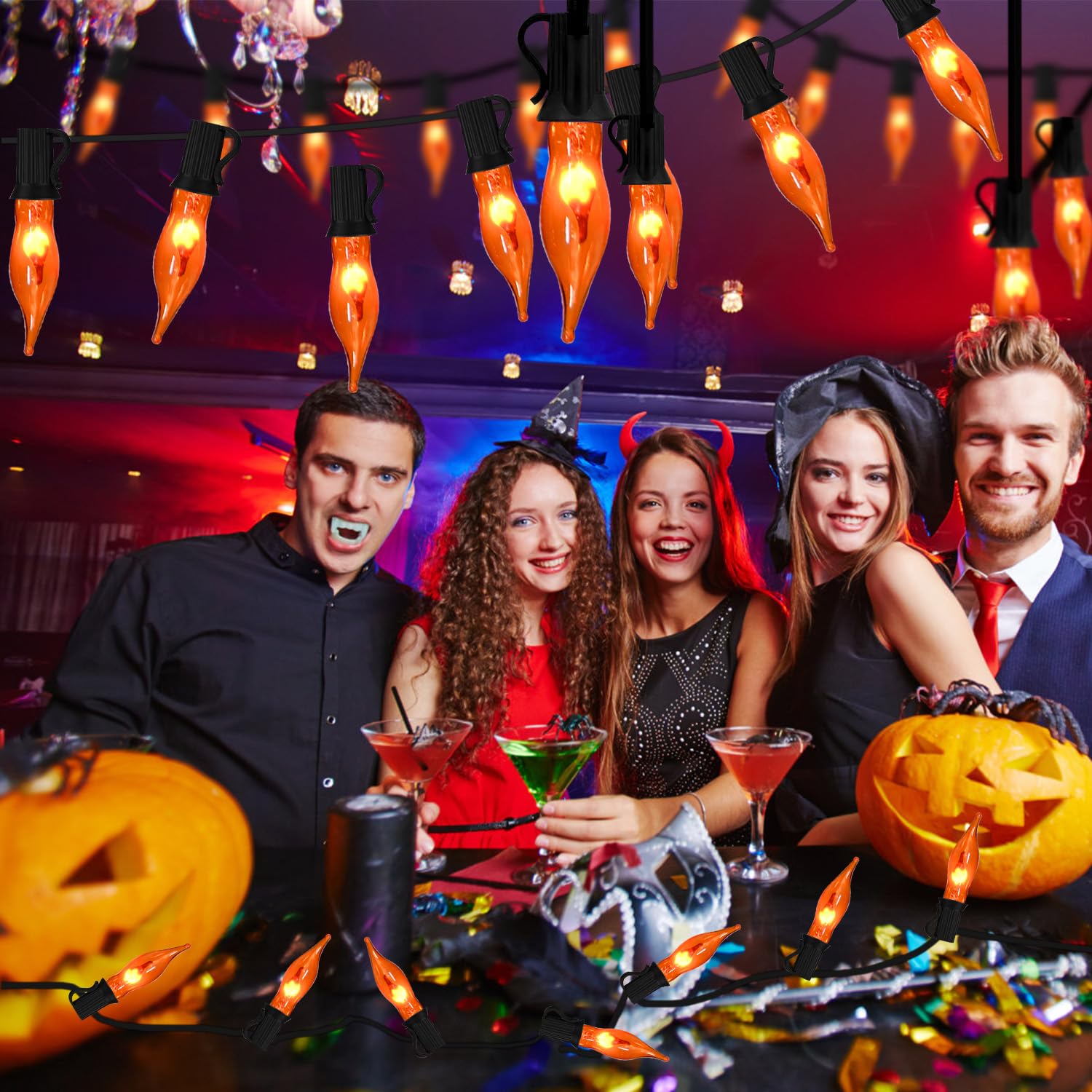 Pasuto 27.8Ft Flickering Flame String Lights Orange Halloween Lights With 25 Pack C7 Orange Flame Light Bulbs, Orange Flame String Lights For Halloween Decorations For Home Party Yard (2 Spare Bulbs)