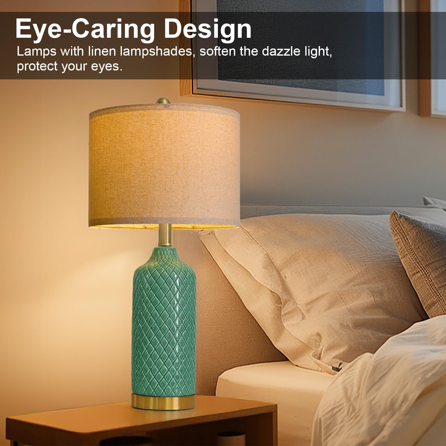 G-Safava24.25 Modern Ceramic Green Table Lamps Set Of 2 For Living Room  Farmhouse  Bedside  Bedroom  Side & End Tables Nightstand Light Home Office Desk Lamps Gifts