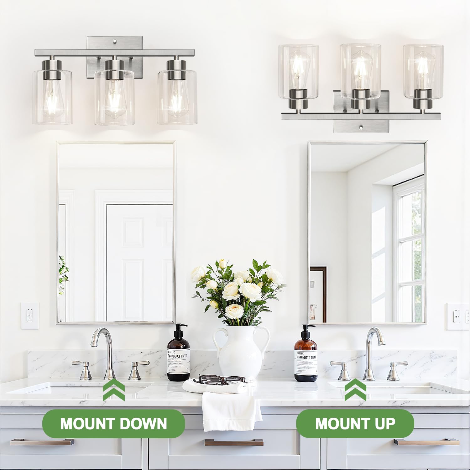 Meybiok 3-Light Bathroom Light Fixtures  Brushed Nickel Vanity Lights  Bathroom Lighting With Clear Glass Shade  Vanity Lighting Fixtures For Mirror Kitchen Bedroom Hallway Living Room
