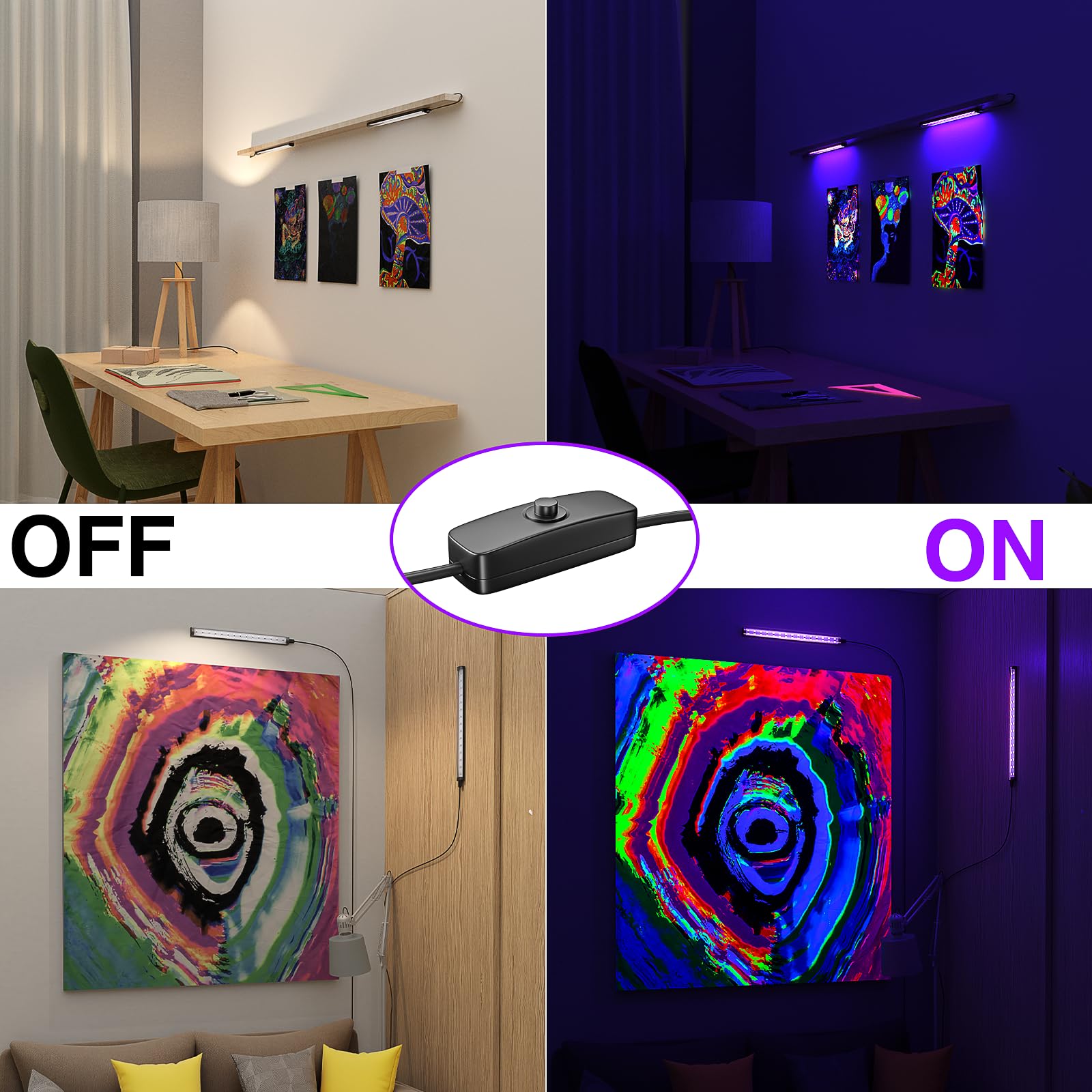 Onforu 2 Pack 10W Led Black Light Bar, 1Ft, Usb Blacklight Tube, Blacklight Bars With Switch, Black Light For Fluorescent Tapest