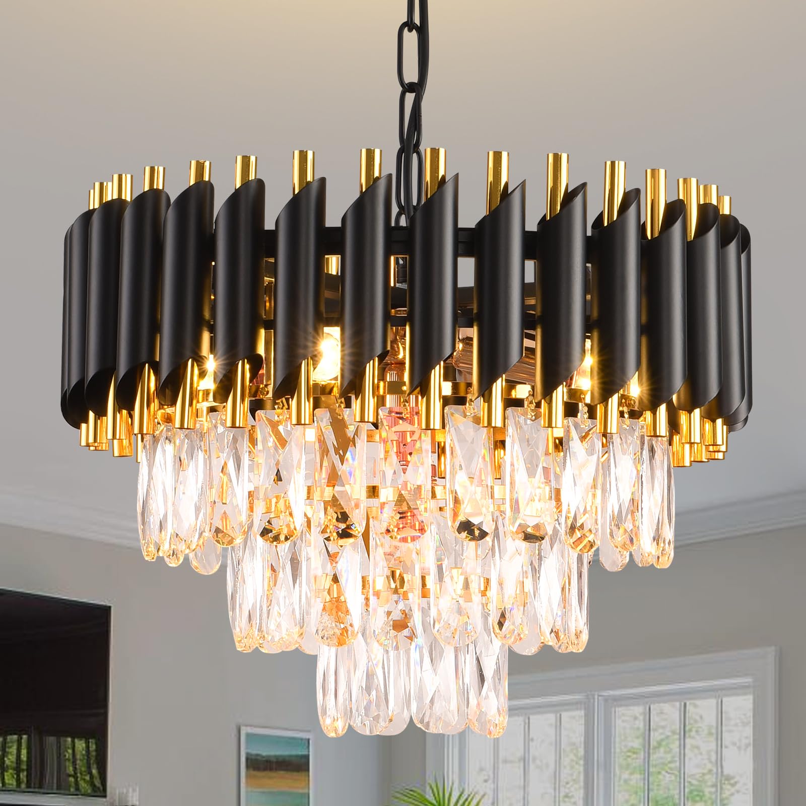 Modern Crystal Chandelier Black and Gold Chandelier 3-Tier Round Chandeliers Pendant Ceiling Light Fixture Flush Mount Chandelie