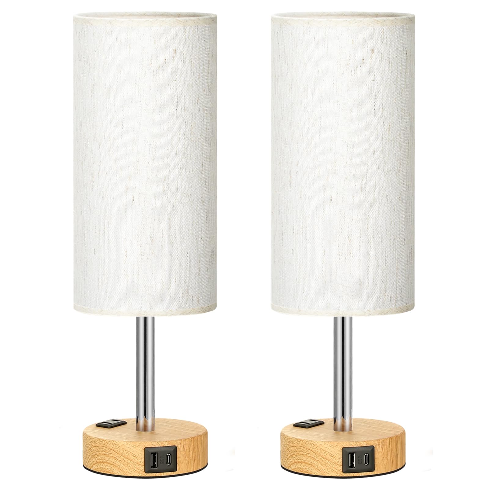 Fenmzee Small Touch Table Lamps Set Of 2-3-Way Dimmable, Usb A + C Charging, Ac Outlet, Wood Grain Base, Bulbs Included