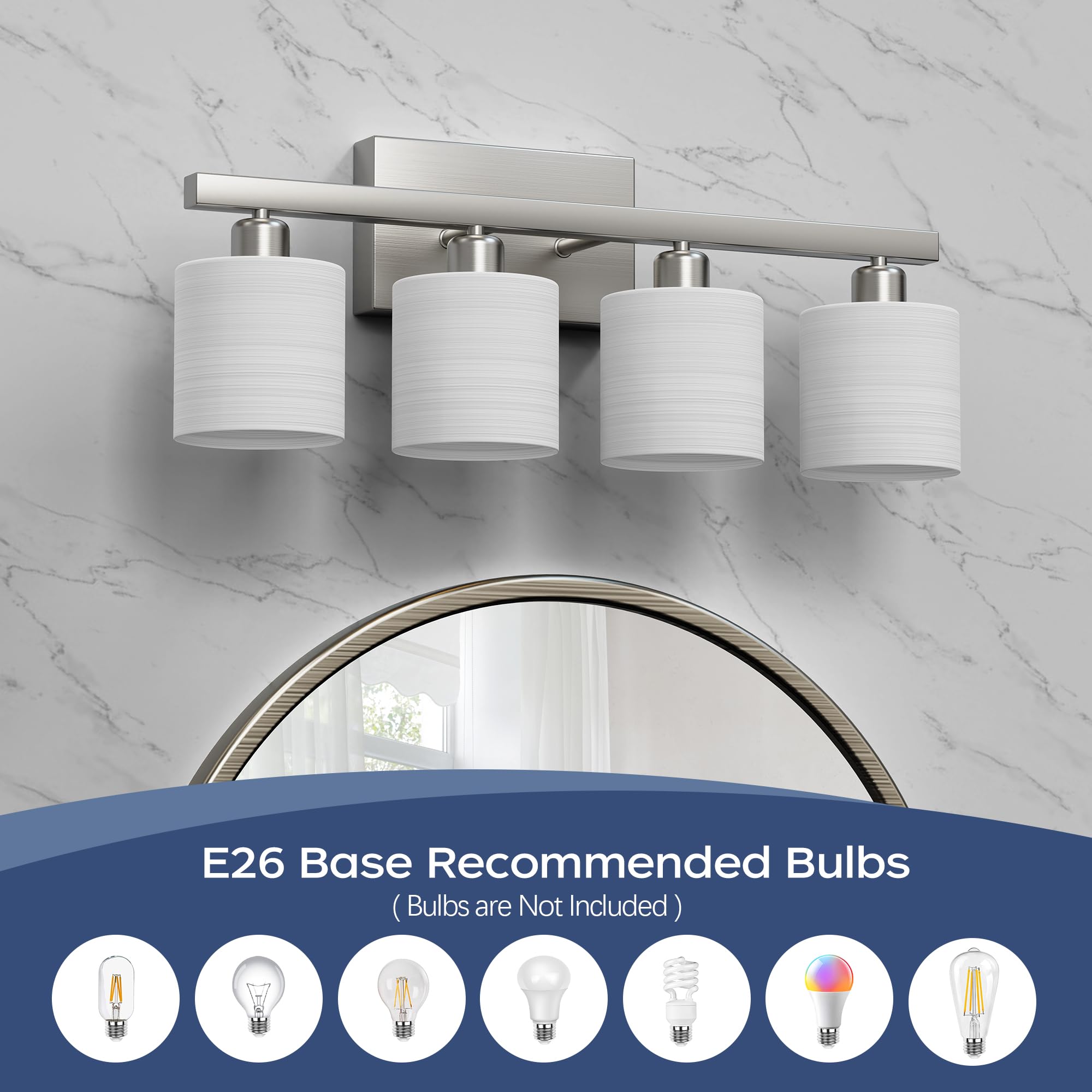 PARTPHONER Classic Vanity Lights, 4-Light Brushed Nickel, Frosted Opal Glass Shades, Model PAWL201AS1