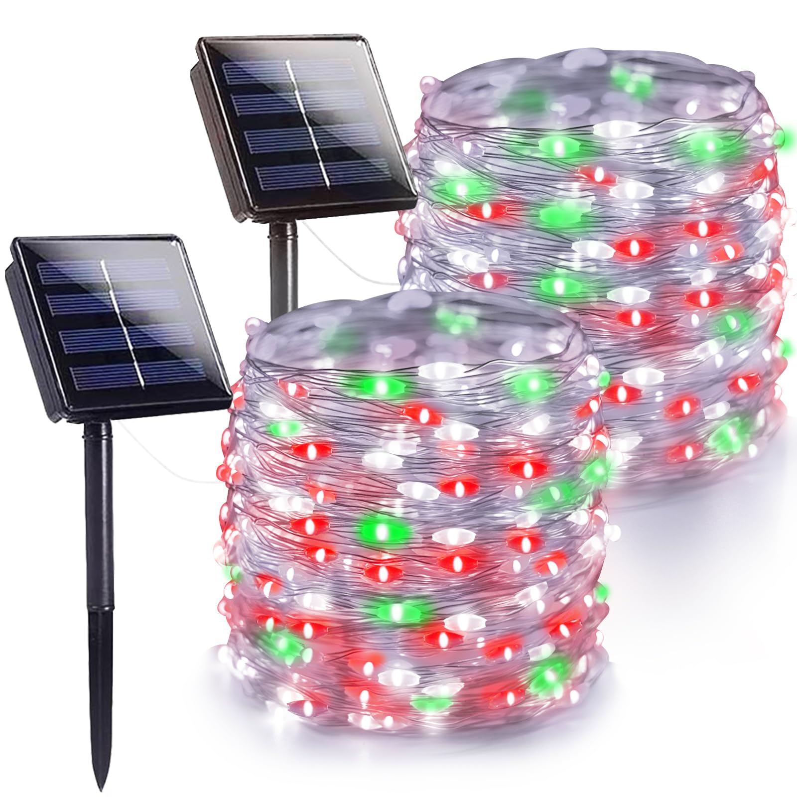 SANJICHA Solar String Lights, 144FT 400LED, Waterproof Copper Wire, 8 Modes, 2 Pack, Red White and Green, Model SYJSSL