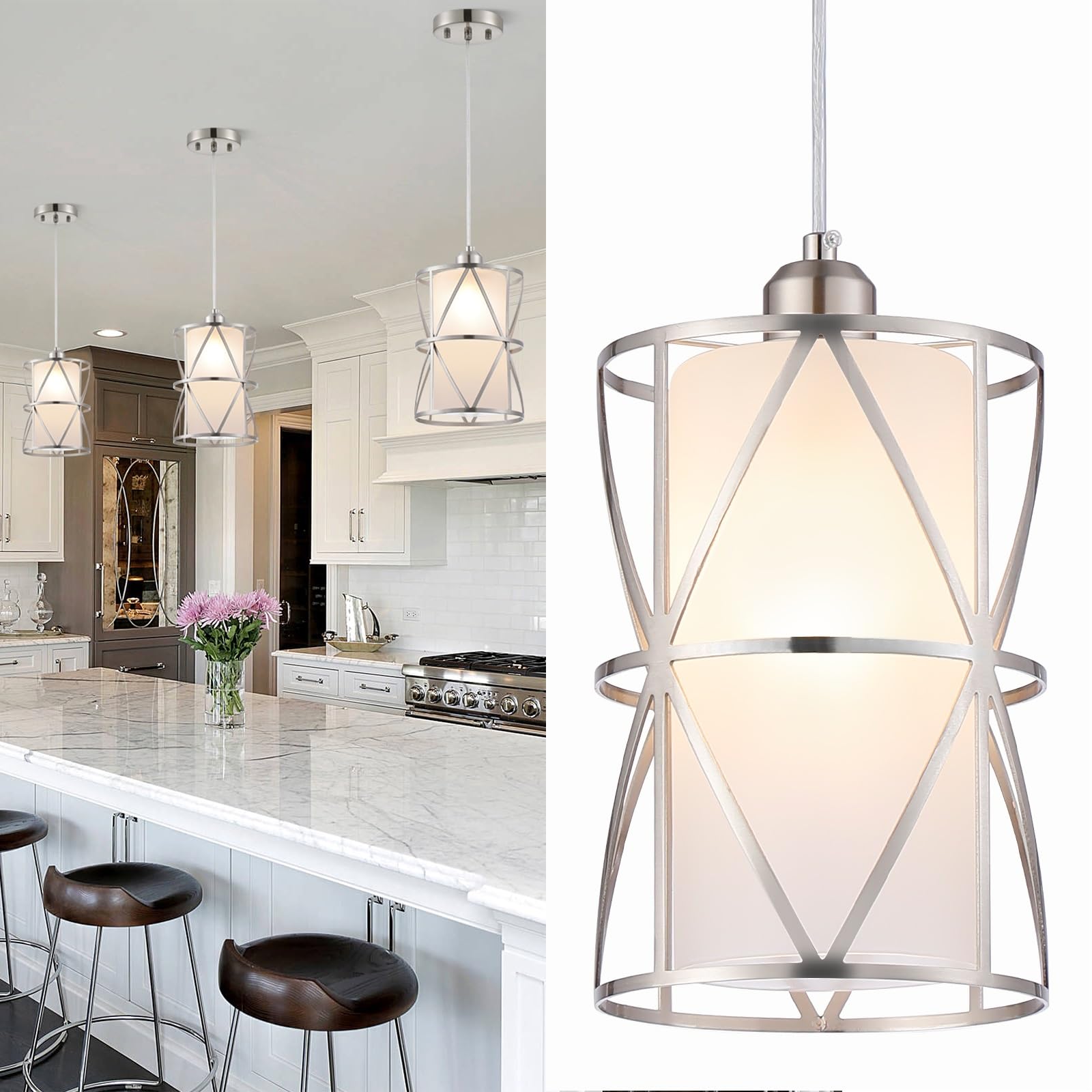 Zlierop Modern Pendant Light With Frosted Glass, Brushed Nickel Hanging Kitchen Lights, Cylindrical Pendant Lights Kitchen Island, Kitchen Pendant Lighting Over Island, Foyer, Dining Room, Entryway