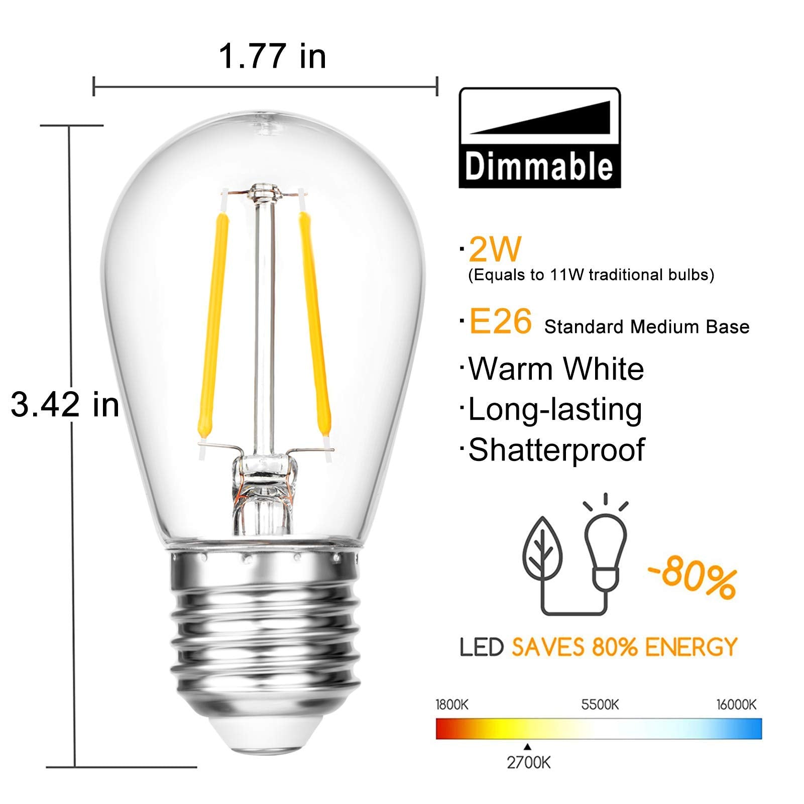 VISTERLITE 15 Pack Dimmable Shatterproof S14 LED Bulbs, Soft White 2700K, Plastic, E26 Base, Equivalent to 11-25W