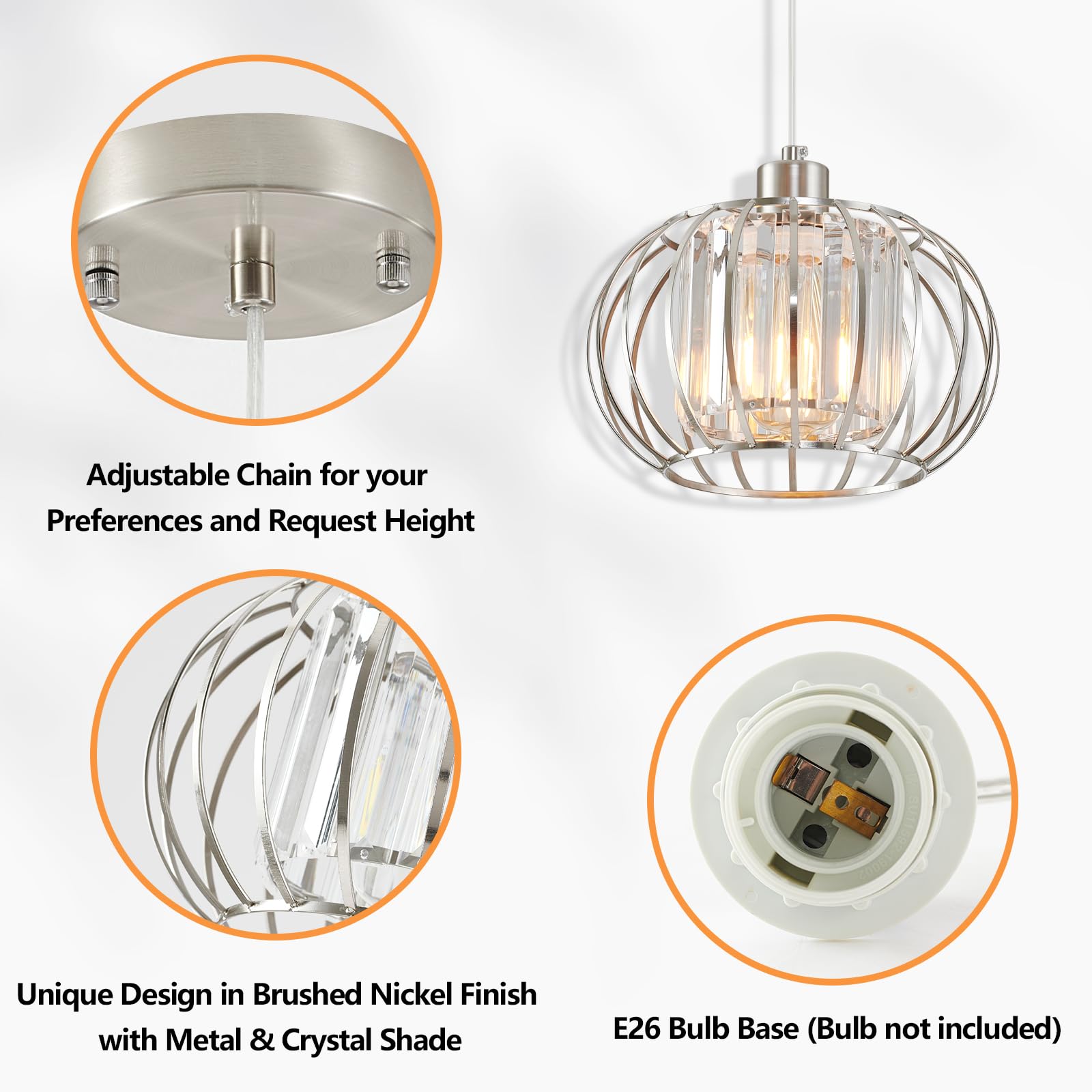 XSDeTu Modern Brushed Nickel Pendant Light, Adjustable Metal Cage Chandelier for Kitchen Island and Hallway