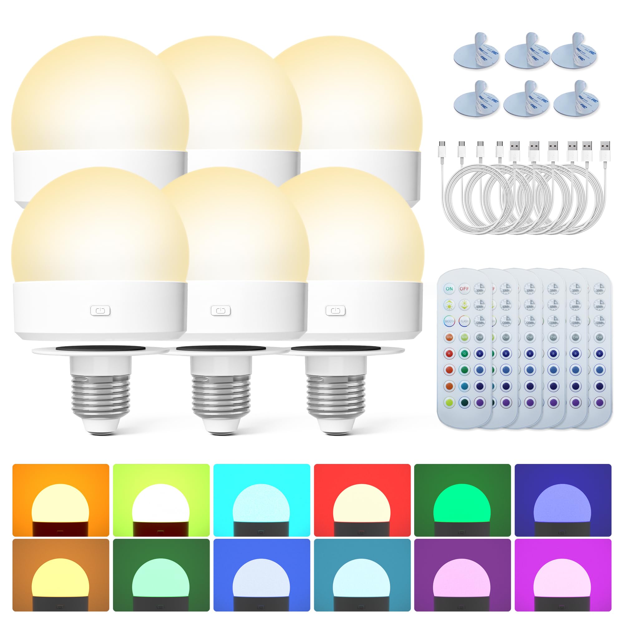 RGB Color Changing Light Bulb: Rechargeable Battery Operated E26 LED Bulbs  3000mAh Wireless Dimmable Puck Lights with Remote Timer Magnetic for Sconce Lamp  3 Color Temperatures+12 RGB Colors  6pcs