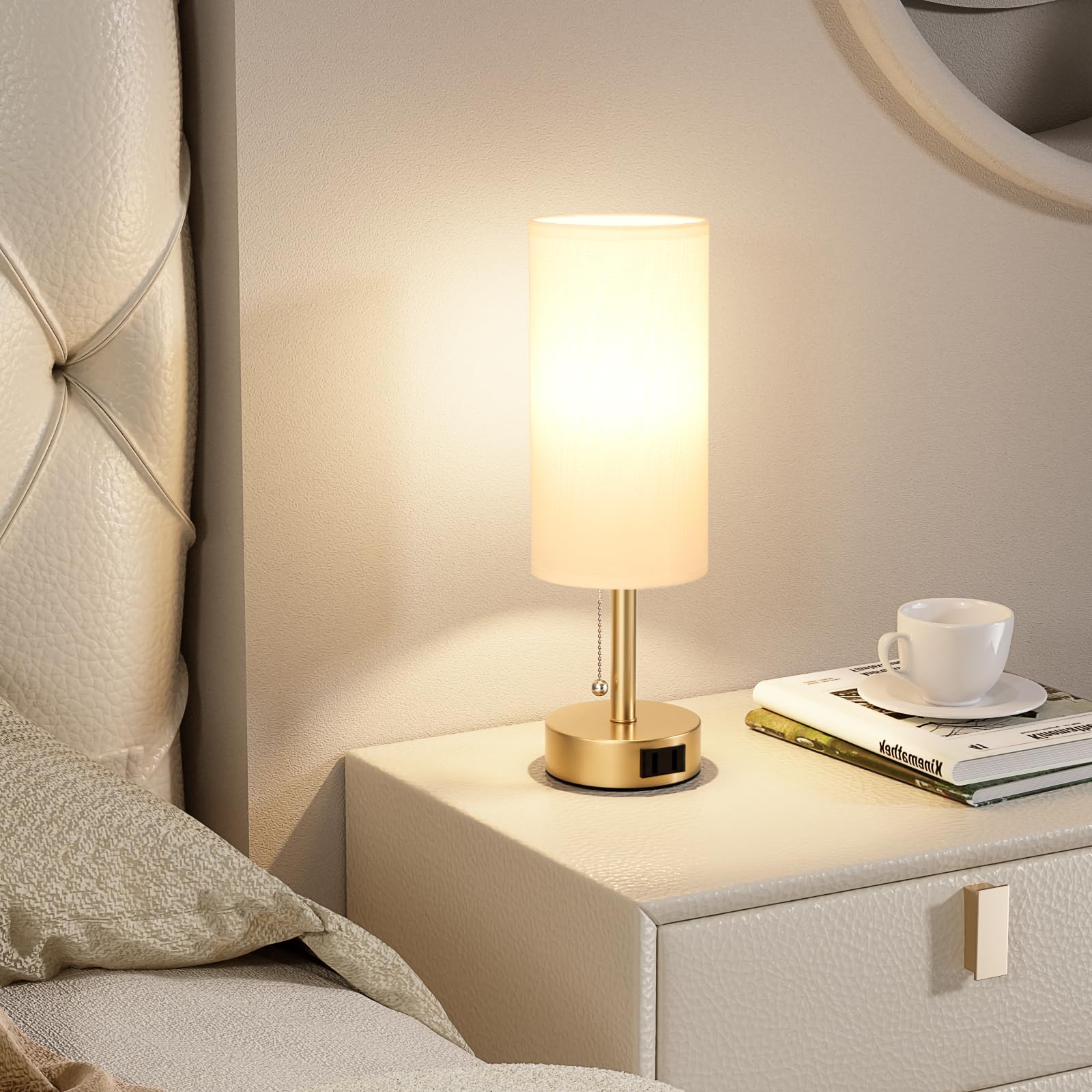 Fenmzee Gold Bedside Table Lamps Set of 2 with AC Outlet, 14.0in Pull Chain, 3 Color Temperatures for Bedroom, Office, Living Room