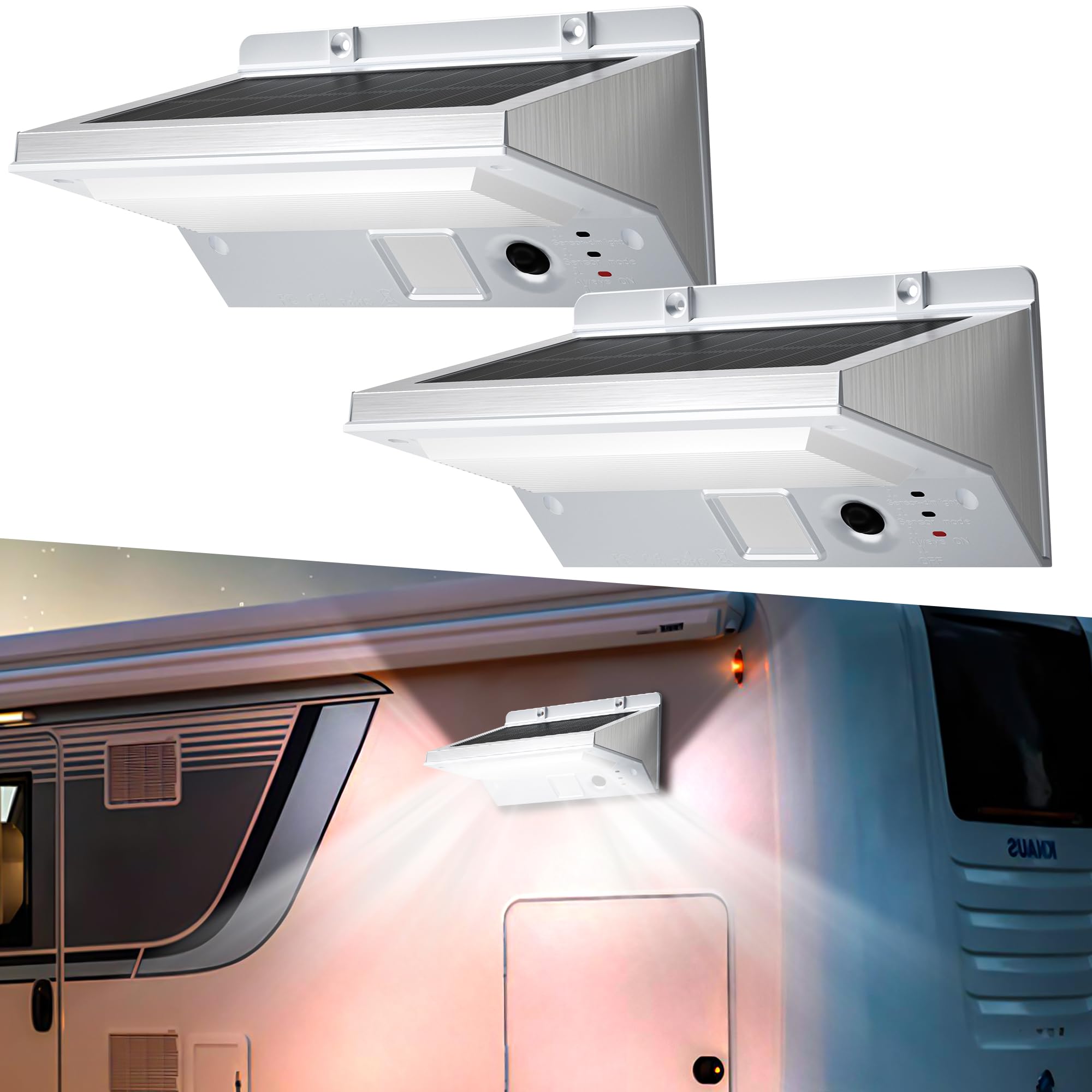 COXSENI Solar RV Porch Lights, Motion Sensor, 2200mAh Battery, IP65 Waterproof, Large, Gray, Model YH0609, 2 Pack