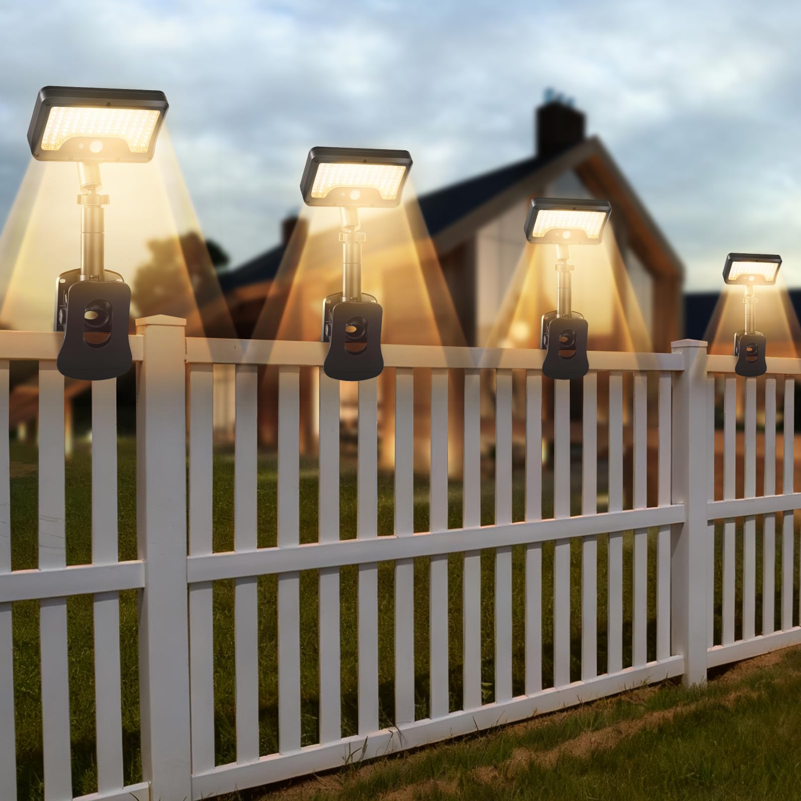 Clip On Solar Lights Outdoor with Motion Sensor  360Rotatable & Vertically Adjustable Solar Fence Lights with 92 LEDs (600 LM  3000 K) IP65 waterproof Security light for deck  Gutter  Camping(4 Pack)