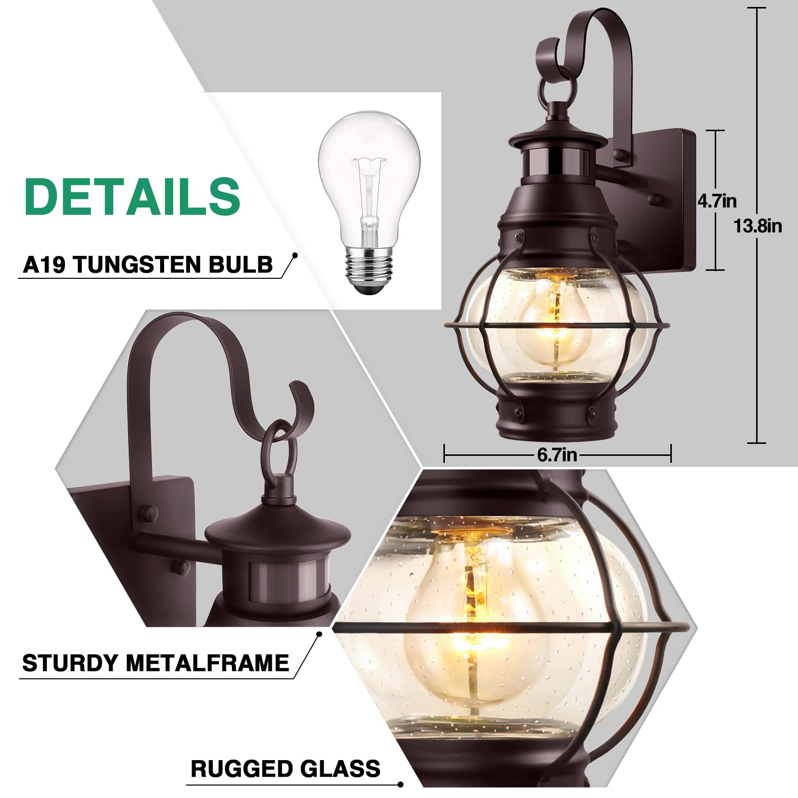 Lamomo Brown Outdoor Motion Sensor Wall Lanterns, 2 Packs, Waterproof, Dusk to Dawn, Anti-Rust, Model B06050PG-2PKUS