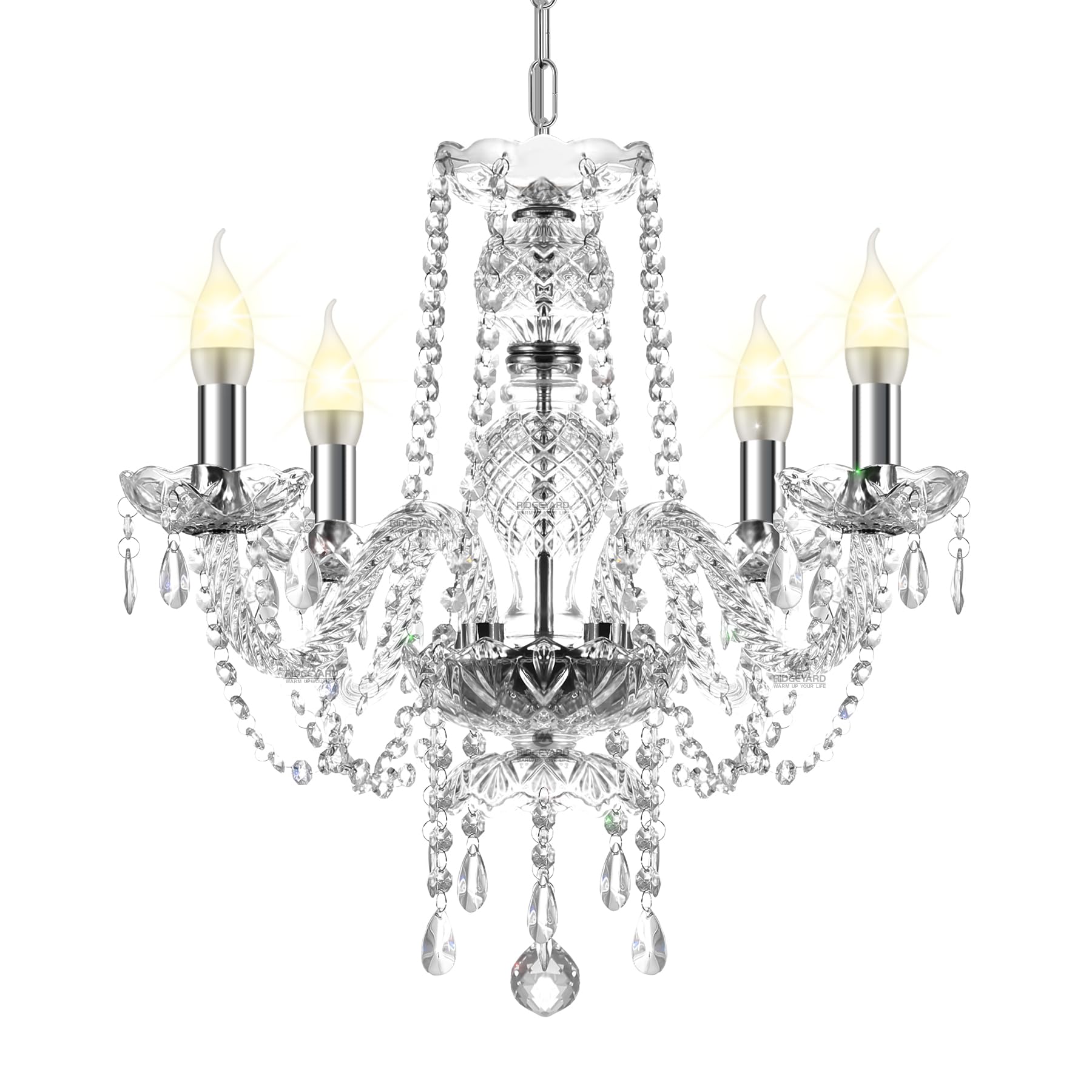 Ridgeyard 4 Arms Clear Chandelier Modern Crystal Raindrop Candle Pendant Ceiling Light Flush Mount Lighting Fixture Lamp for Din