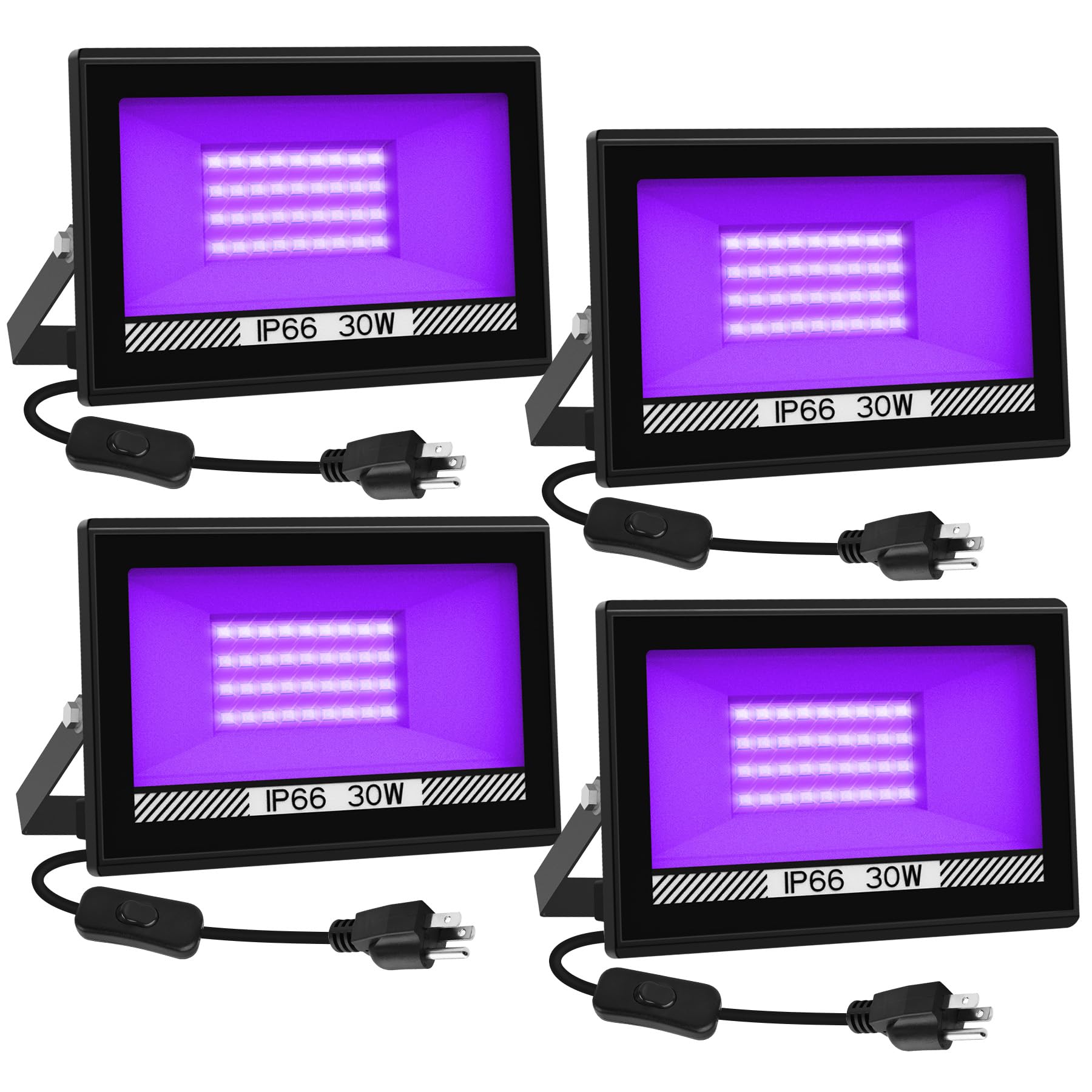 CREPOW 30W Black Lights, 4 Pack LED Blacklight Flood Light with Plug, IP66 Waterproof Black Lights for Glow Party, Glow in The D