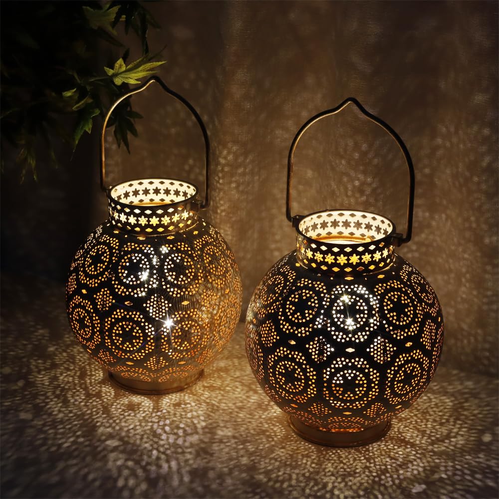 Trirocks Set Of 2 Moroccan Decorative Lamps 7'' High Battery Powered Cordless Lamp Metal Table Lamps With Fairy Lights Bulb For
