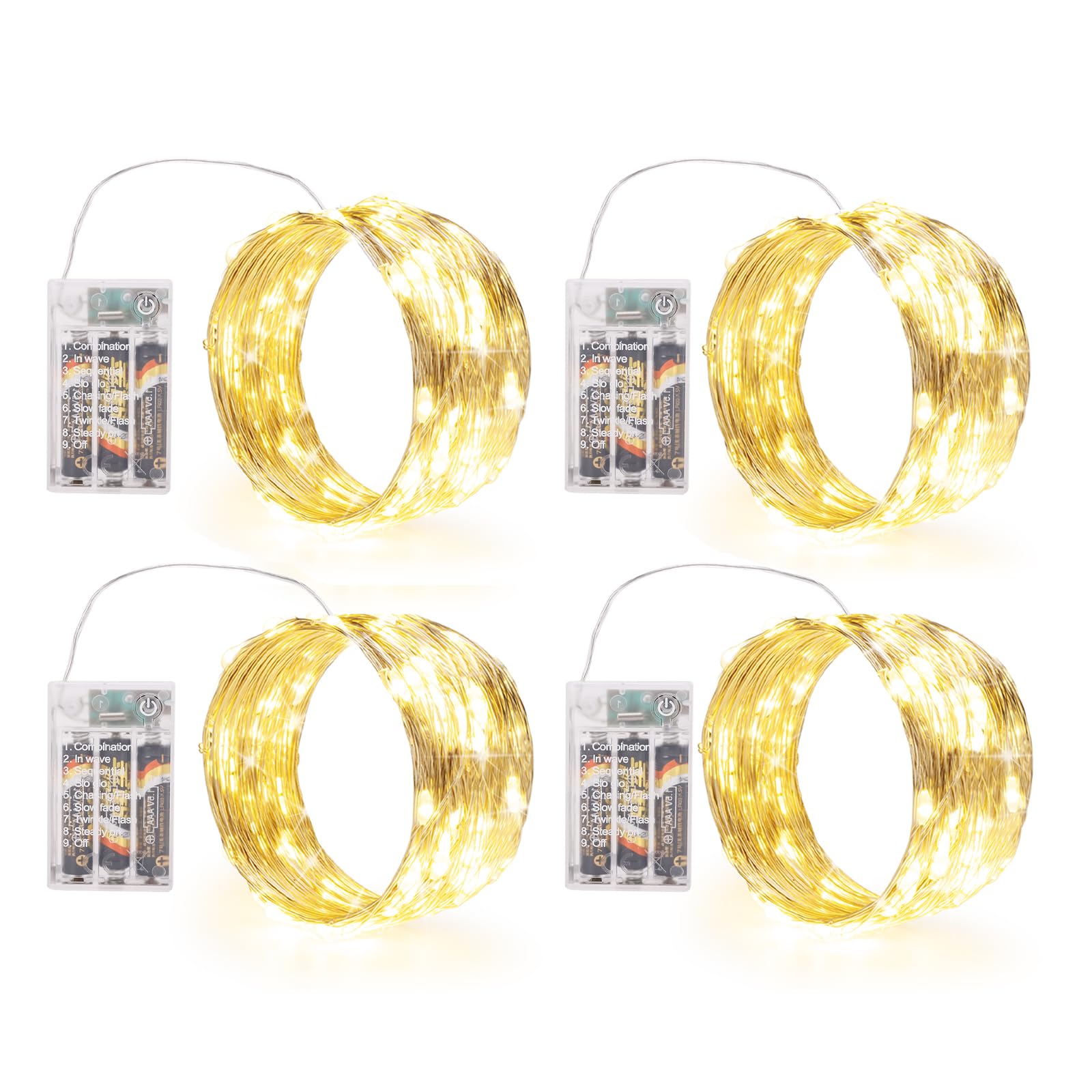 Sinamer Fairy Lights Battery Operated (Included), 8 Modes & Auto Timer, 4 Packs 5M 50Led Mini Twinkle Silver Wire Firefly Starry Lights,Waterproof Battery Operated Lights For Wedding,Party(Warm White)