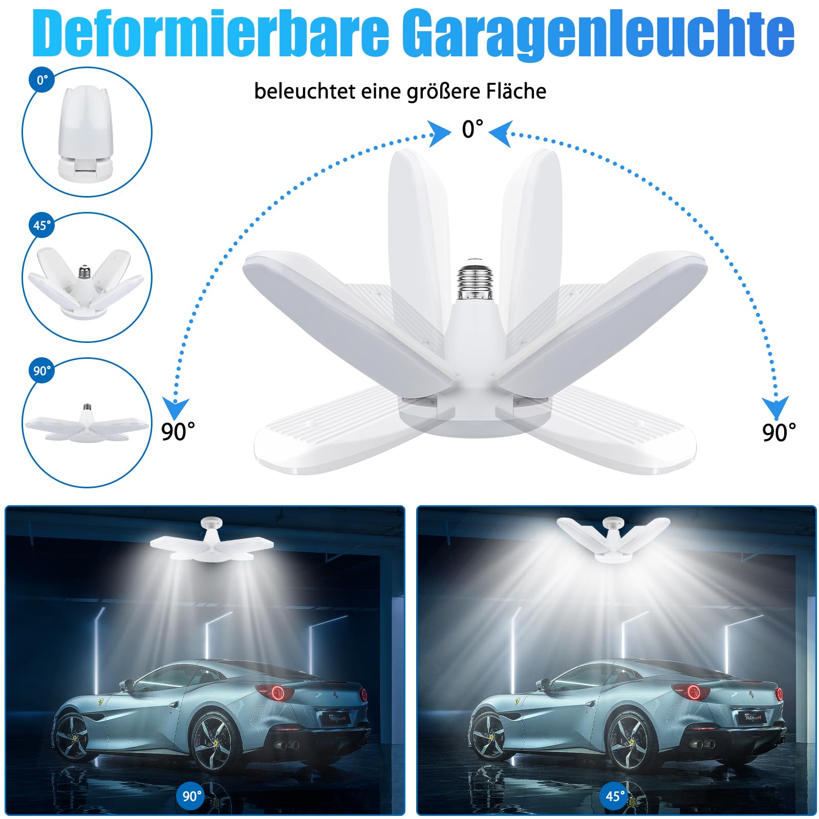 Yiliaw LED Garage Light 80W 8000LM 4 Pack with Adjustable Panels, 6500K Daylight, Plastic, White, Model DECKD60