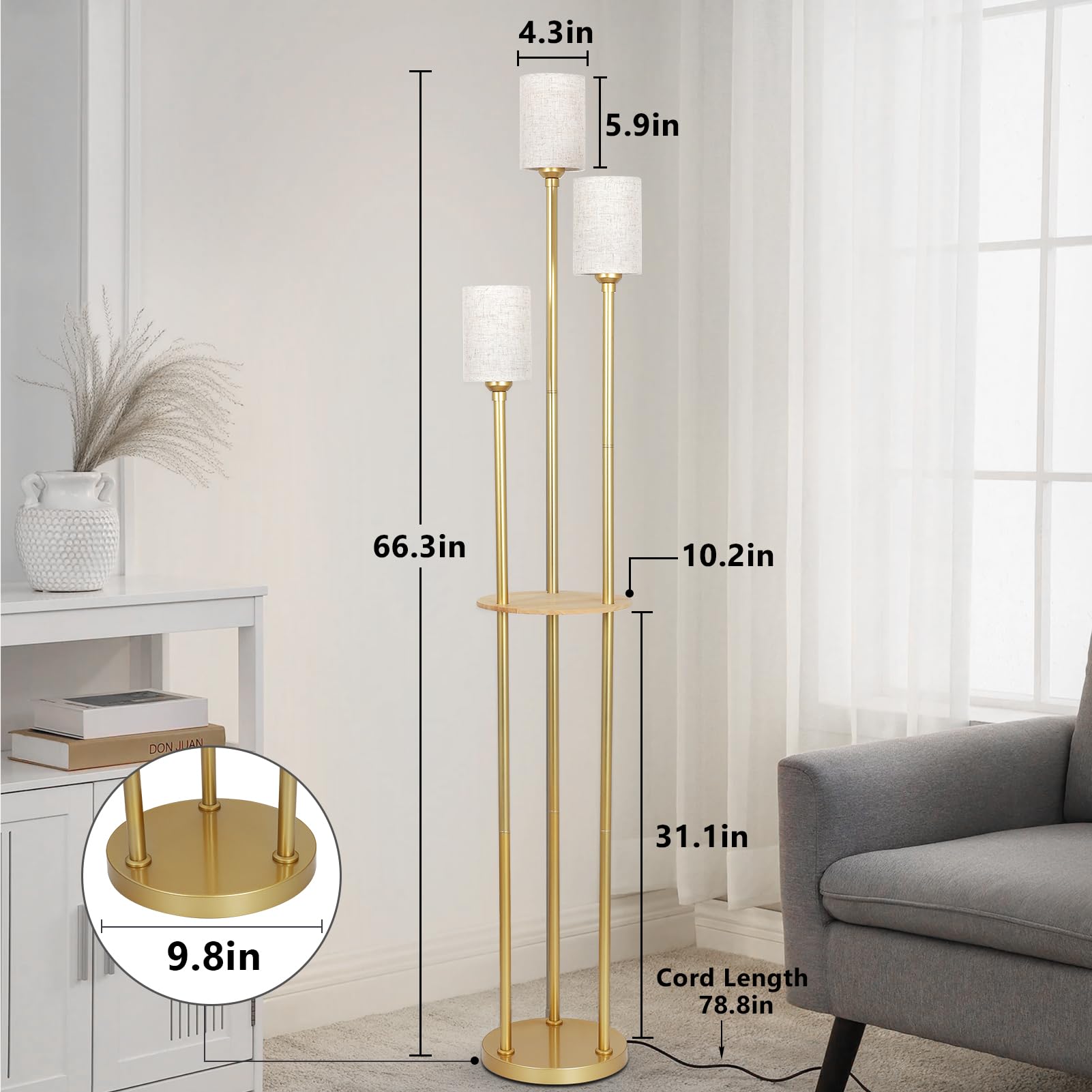 Stepeak Floor Lamps For Living Room, 3-Lights Modern Floor Lamp With Shelves, Gold Standing Lamp With Fabric Shade And Foot Swit
