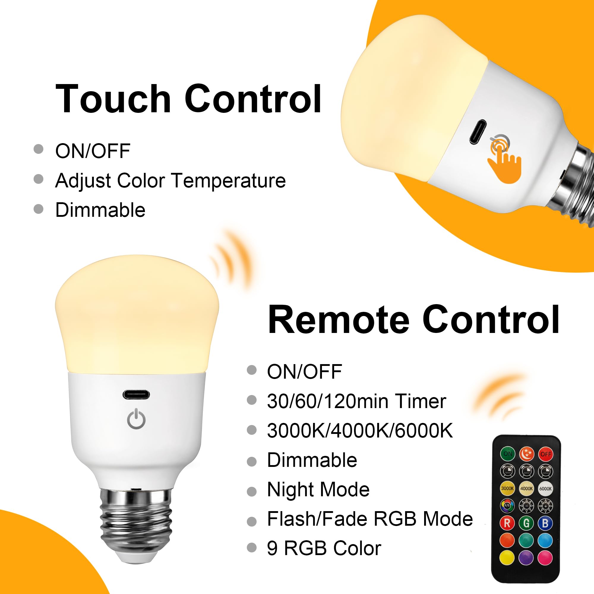 KARTOOSH Rechargeable LED Light Bulb, 50W Equivalent, 2 Pack, Remote Control, 3 Color Temperatures, E26 Base, Model ZM215B2