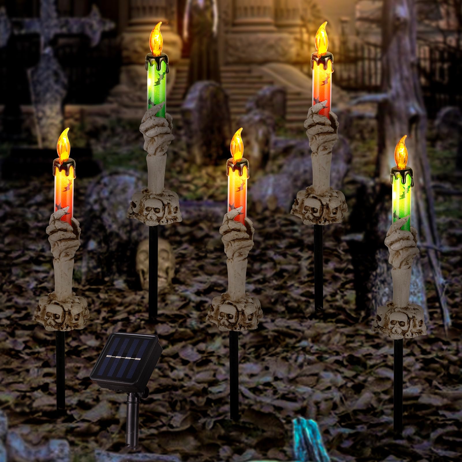 Brightdeck Halloween Decorations, Lighted 5 Pack Skeleton Hands Holder Candle Lamp, Solar Halloween Pathway Lights, Waterproof Function Yard Stakes For Outdoor Halloween Decor