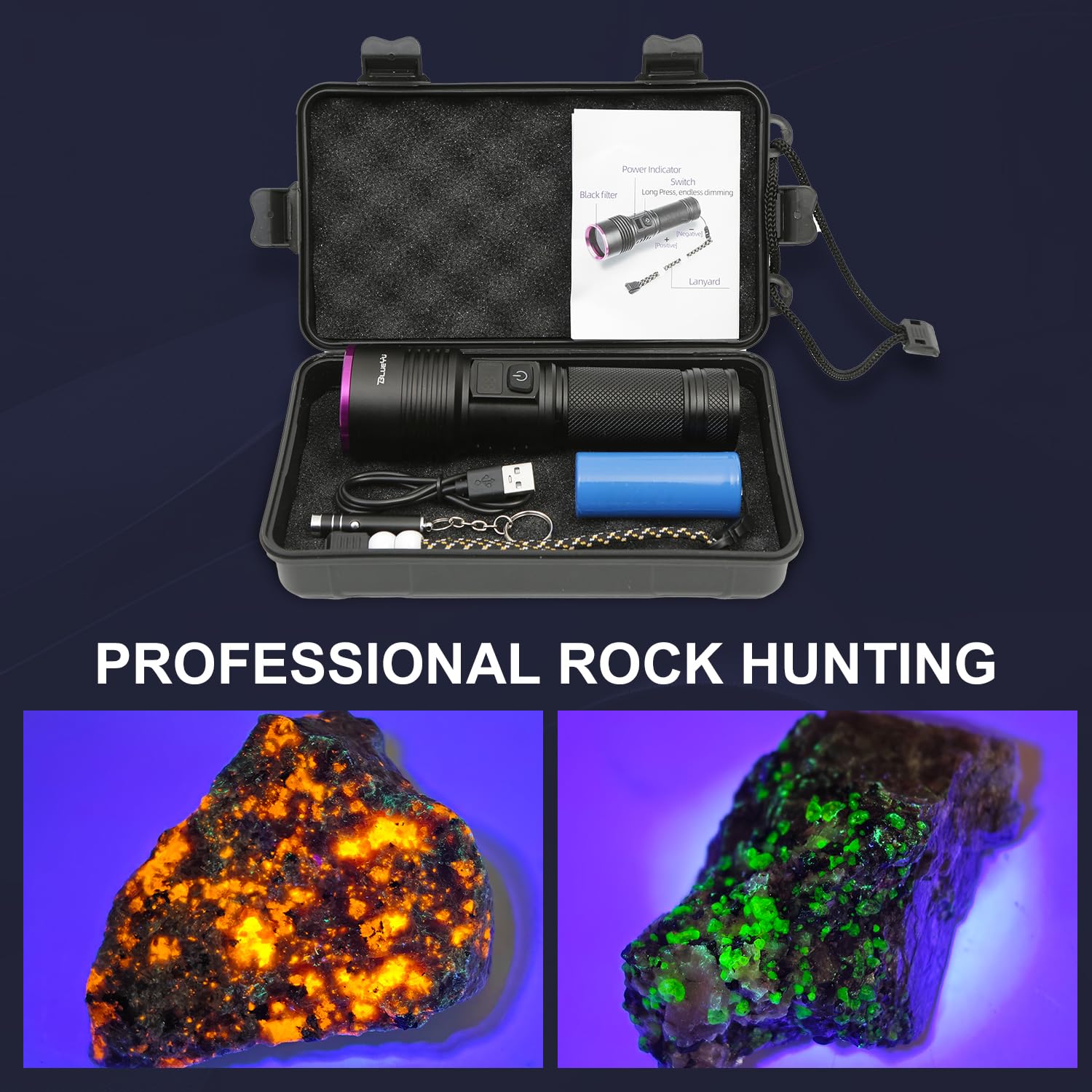 Blueyu 365Nm Uv Flashlight, Type-C Rechargeable Uv Light, Powerful Blacklight Flashlights For Pet Urine Detection, Rocks, Resin