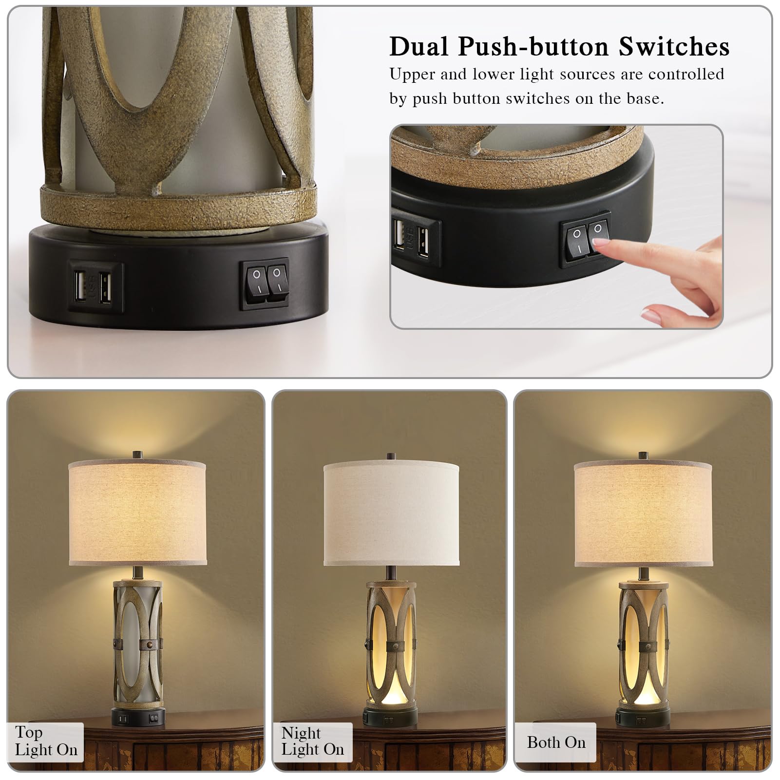 Aieampdo Table Lamps Set Of 2 For Living Room, Rustic Farmhouse Bedroom Nightstand Lamp With Dual Usb Ports, Vintage Bedside Lam