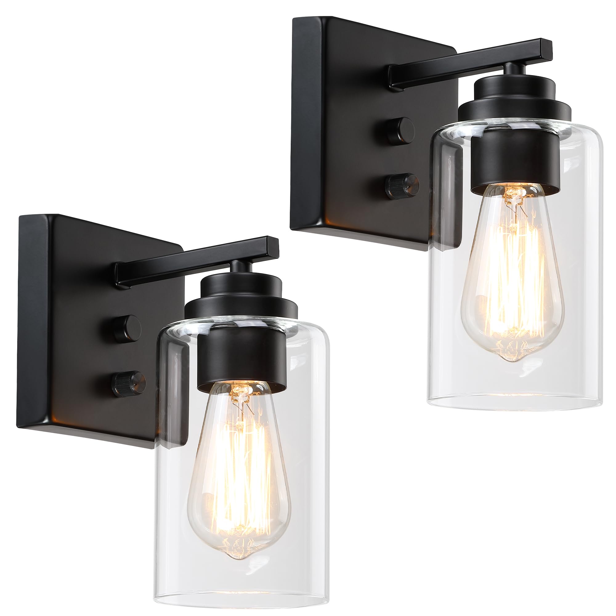 Pia Ricco Wall Sconces Set of 2, Matte Black Metal Bedside Lamps with Glass Shade, Model A-41975