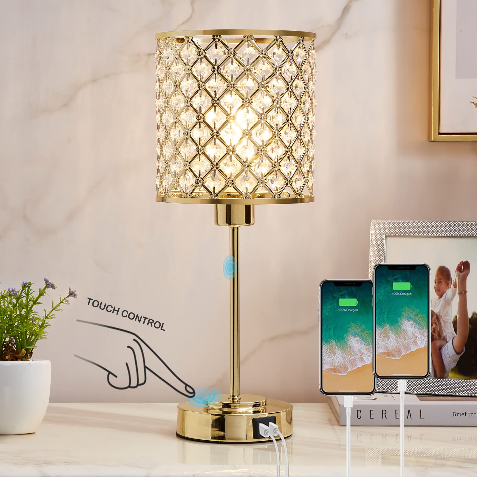 Rayinight Crystal Table Lamp, Crystal Lamp Touch Control With 2 Usb Ports, 3 Way Dimmable Bedside Lamp With Bulb, Crystal Nights