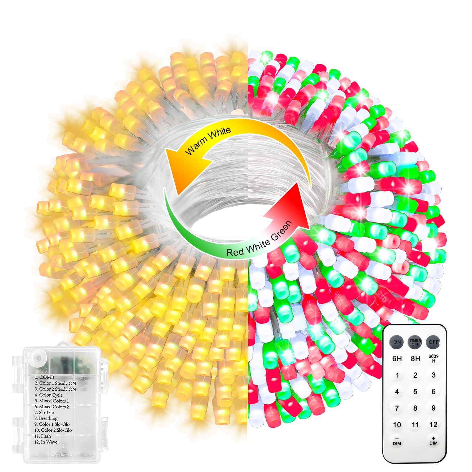 echosari Battery Operated Christmas Red White Green String Lights, Dual Color Changing 100 LED Fairy Lights 33Ft with Remote Timer Christmas Lights for Xmas Tree Festive Decorations