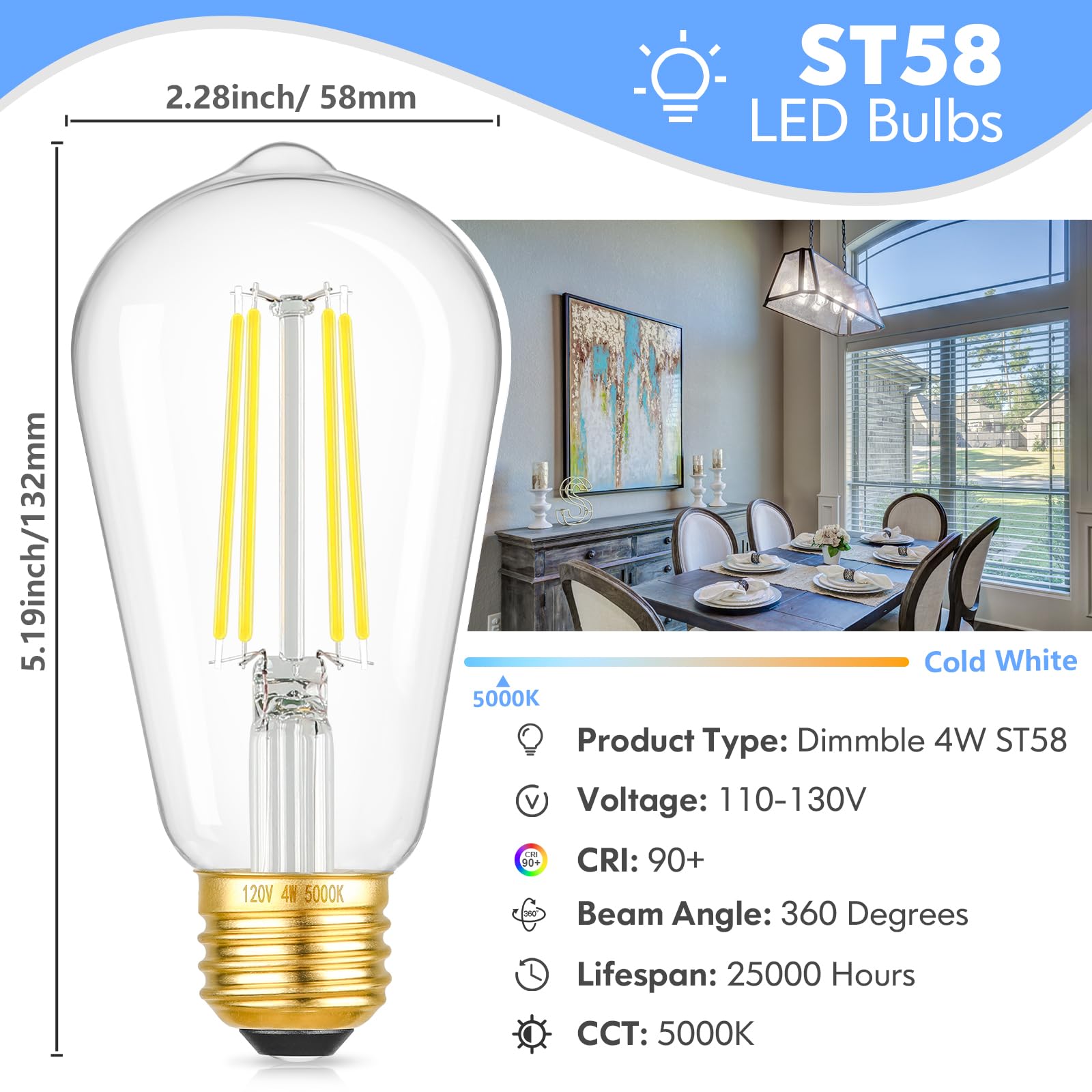 Dimmable St58 Antique Clear Vintage Edison Led Light Bulbs, 5000K Daylight, E26 Medium Base, 4W (40W Equivalent), Cri90+ High Br