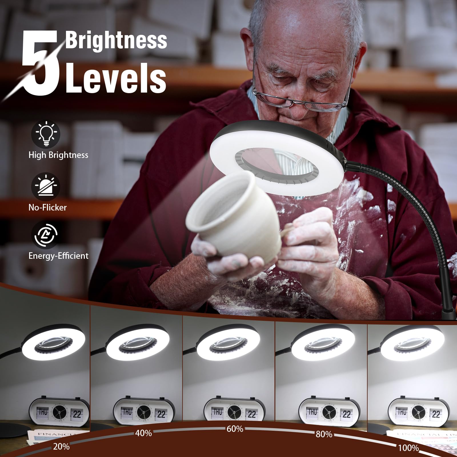 10X Magnifying Glass With Light And Stand, 5 Color Modes Stepless Dimmable Led Desk Lamp, Adjustable Flexible Gooseneck Lighted