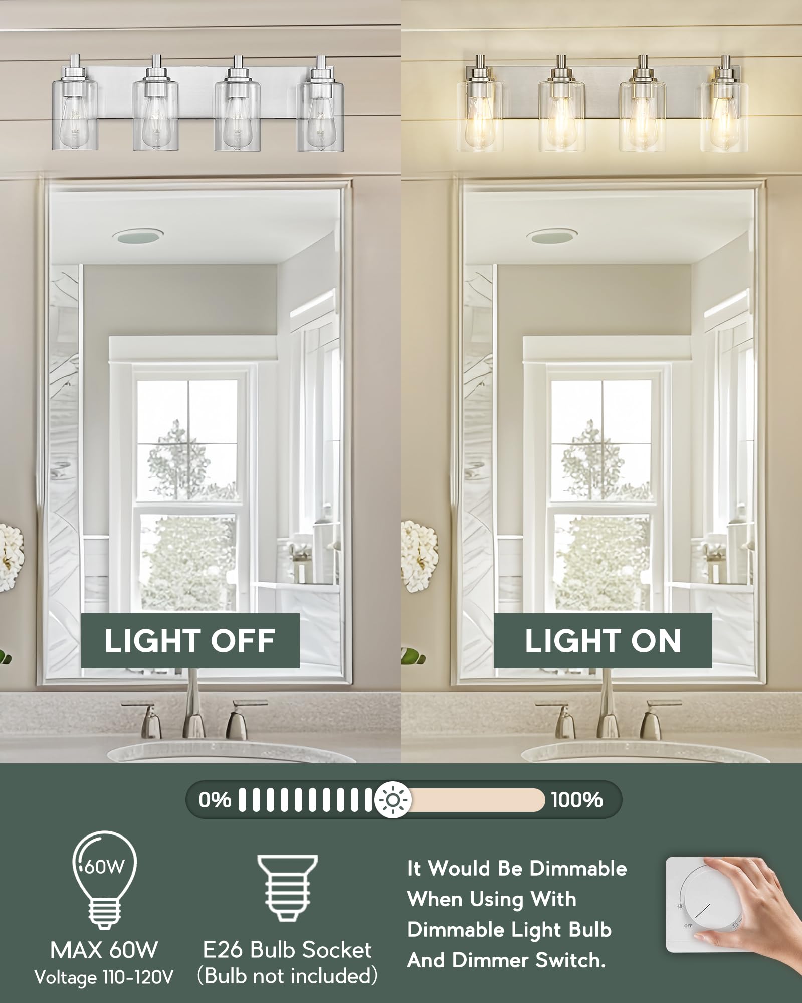 Metwet 4-Light Bathroom Light Fixtures, Brushed Nickel Vanity Light With Cylinder Clear Glass Shade, Modern Vanity Lighting Fixtures Over Mirror, Vl143-Bn-4