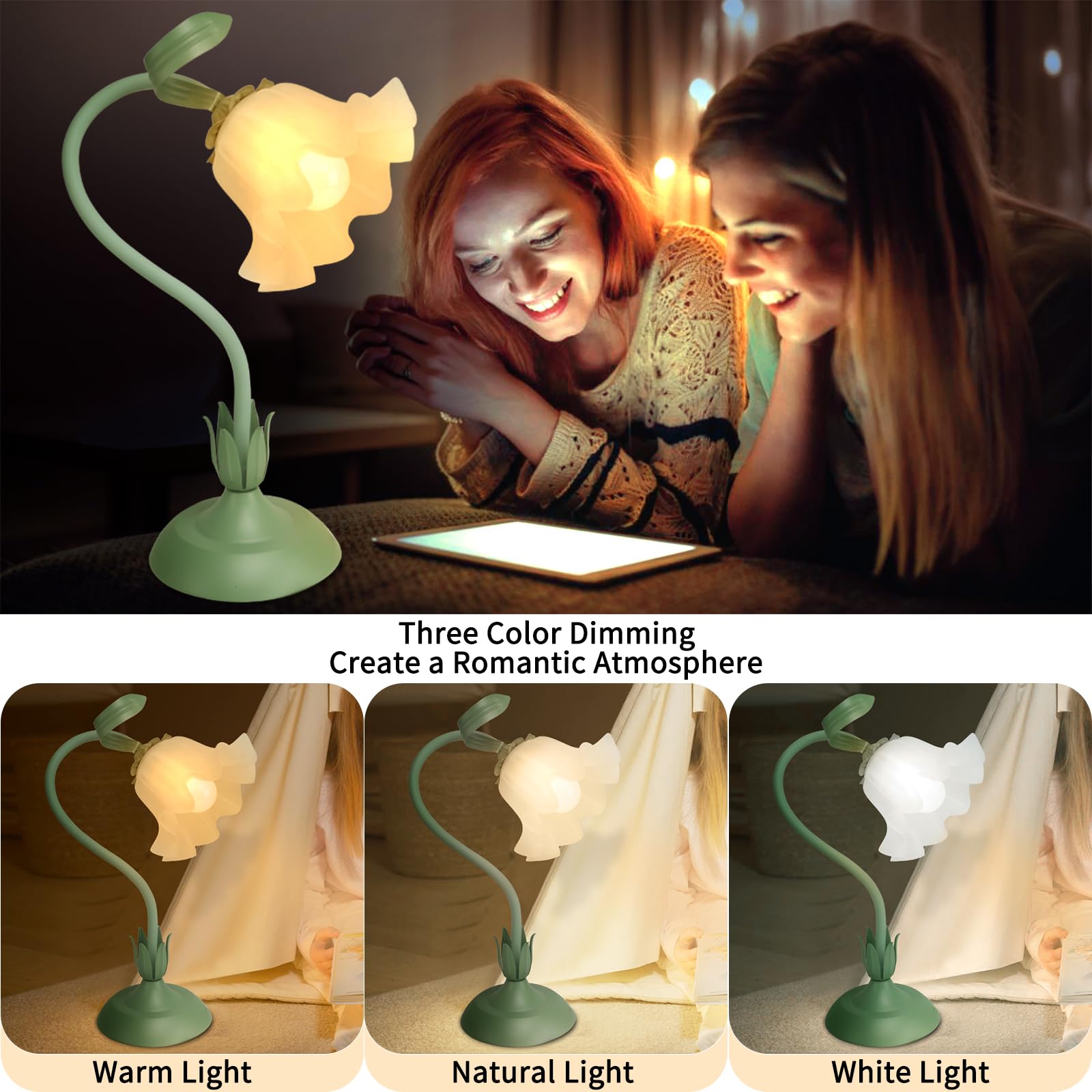 Fuzzbopn Cute Flower Desk Lamp, 3 Color Temperature Table Lamp With Led Bulb, Vintage Bedside Lamps, Reading Lamps With Soft Light For Bedroom, Living Room