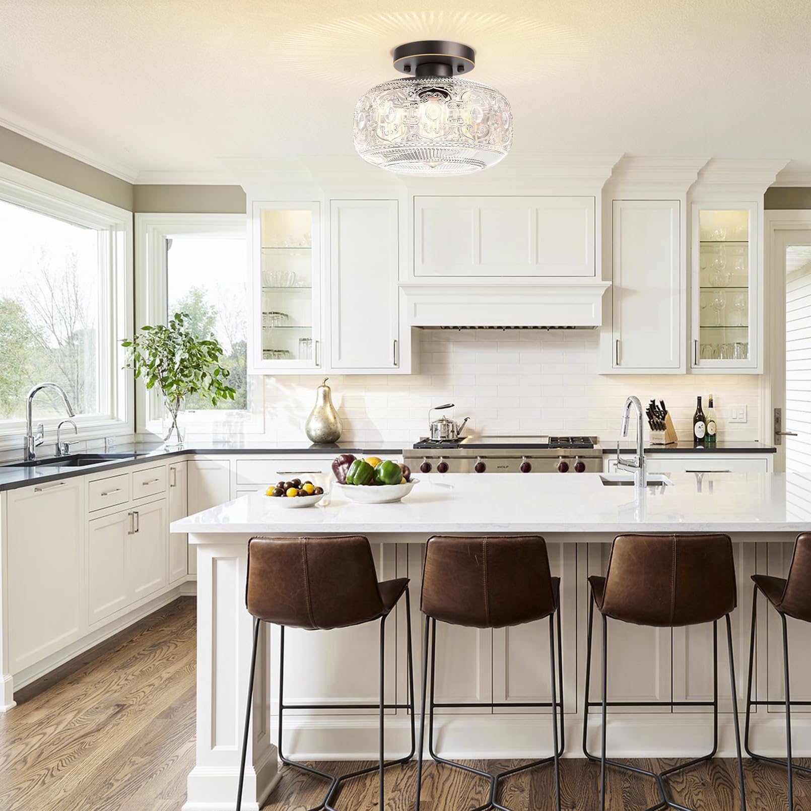 Oykyohei Semi Flush Mount Ceiling Light, Oil Rubbed Bronze With Gold Trim, Globe Glass Fixture