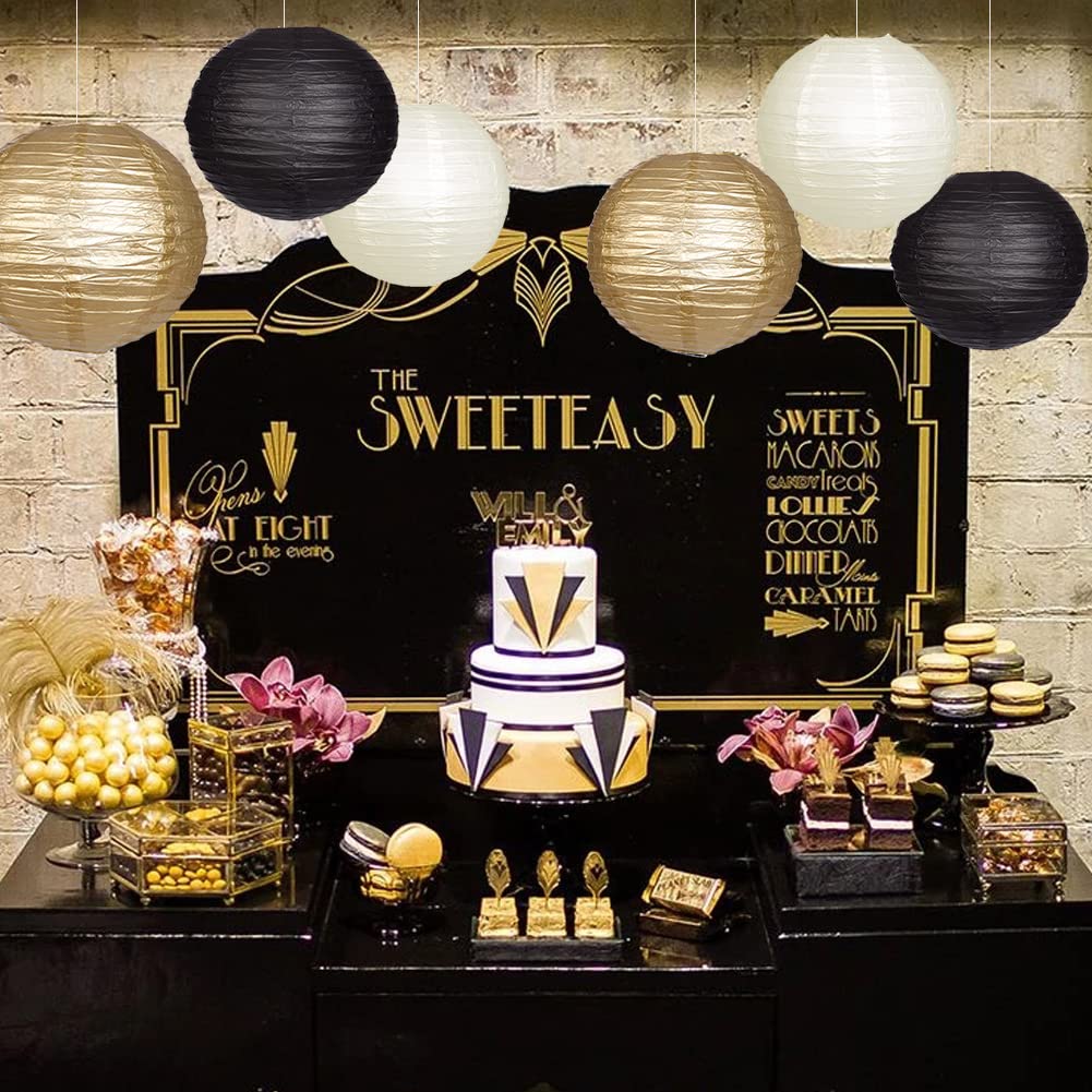 Yunxuan Paper Lanterns Decorative, Black Gold Hanging Round Chinese Lanterns With Lights For Graduation Anniversary Birthday Par