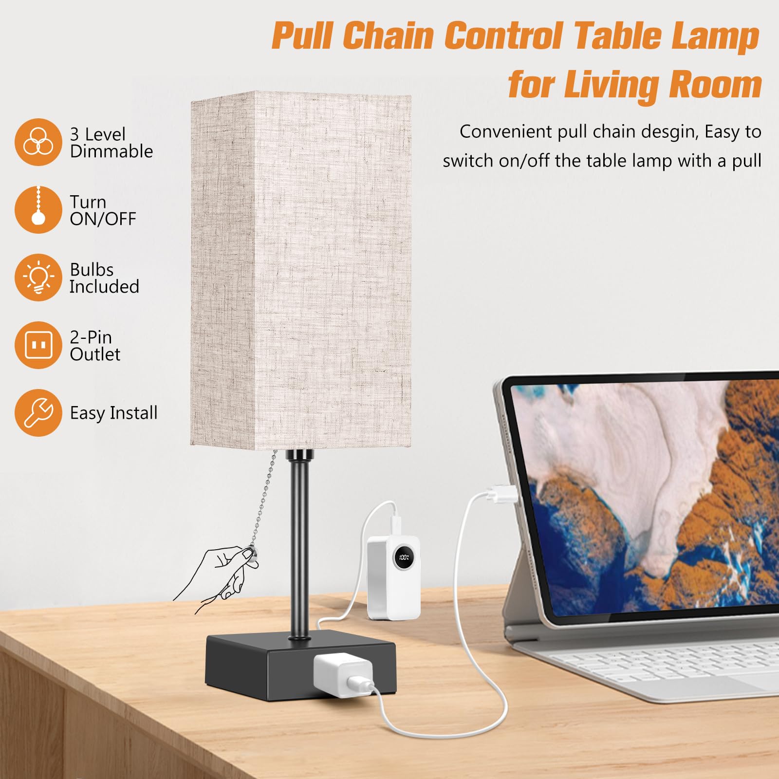 PLMMY Table Lamp Set of 2, 14 Inch Metal Bedside Lamps with Flaxen Shade, 3 Color Temperatures, Pull Chain, AC Outlet