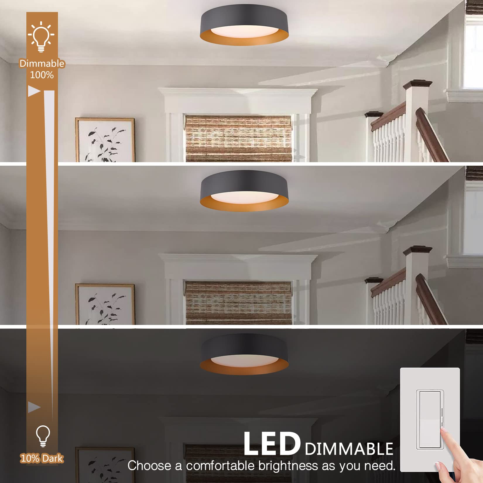 Bargeni 16.5 Inch Led Ceiling Light Fixture,Dimmable Flush Mount Ceiling Light Matte Black With Gold Inside,3000K/Warm White/30W