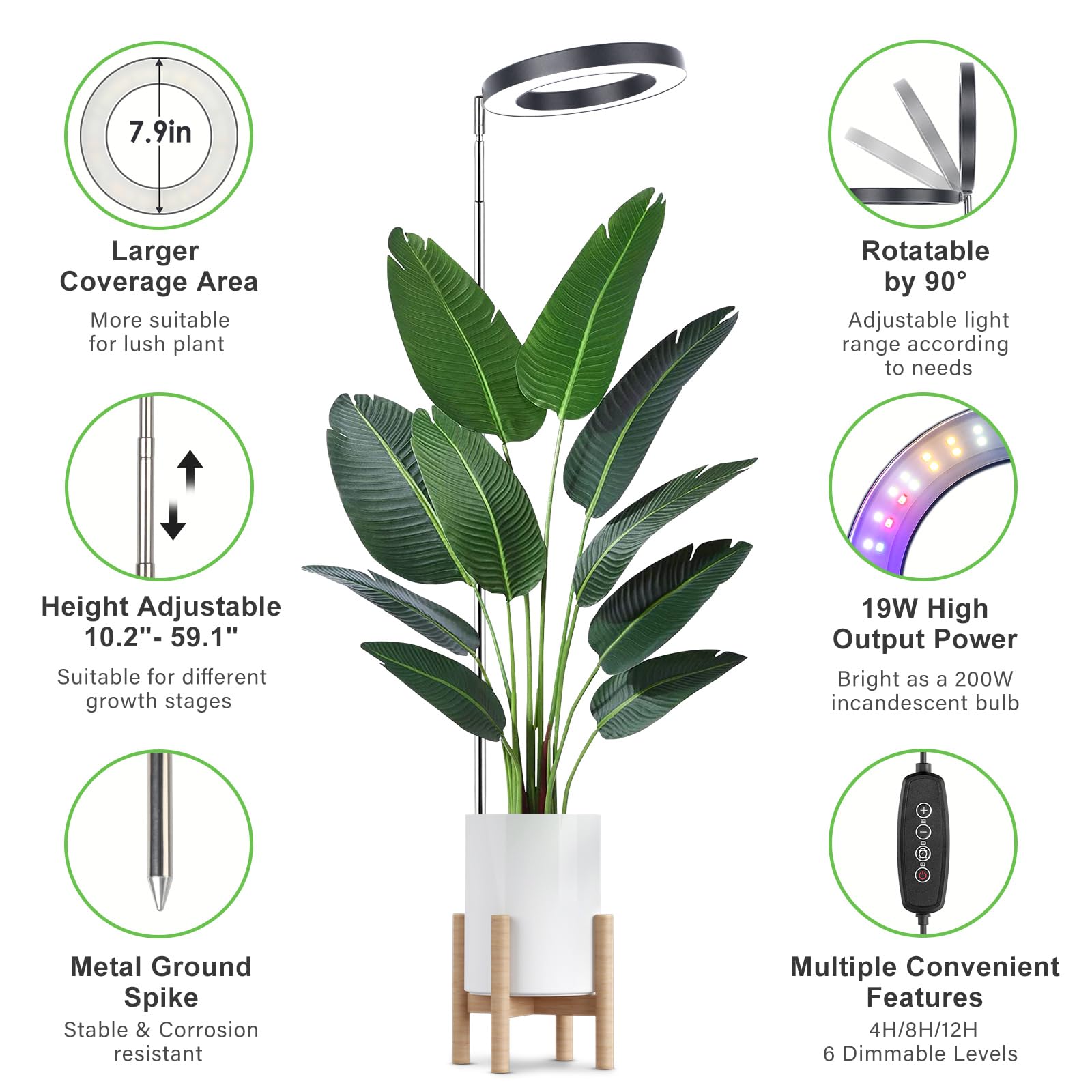 Lordem Grow Light For Indoor Plants, 7.9&quot; Full Spectrum Led Plant Grow Light, Height Adjustable Growing Lamp With Auto Timer 4H/8H/12H, 6 Dimmable Levels, Ideal For Large Tall Plants, 2 Packs, Black