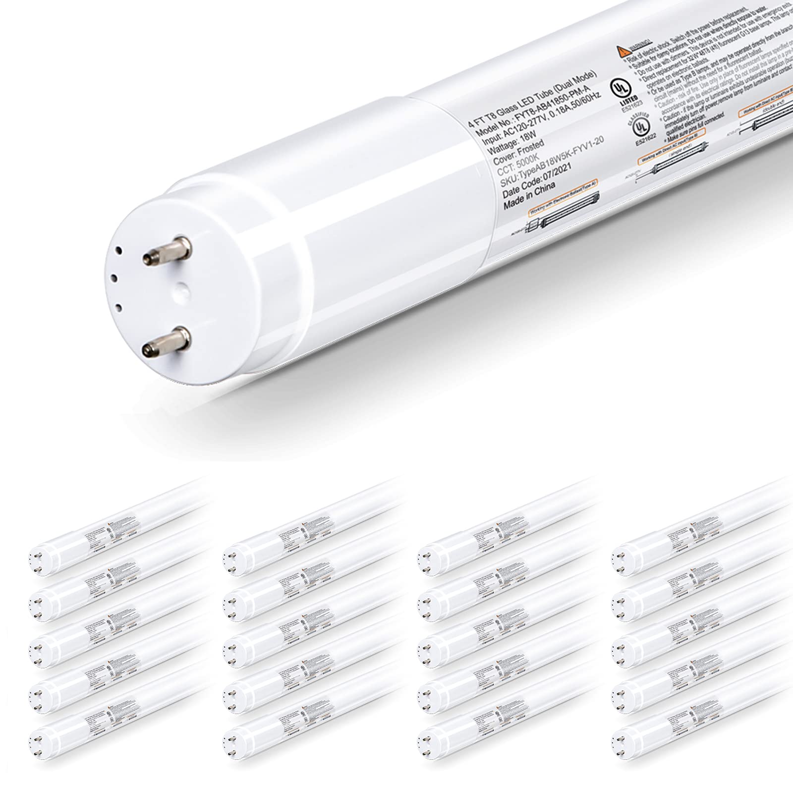 Hykolity 20 Pack 4Ft Led T8 Hybrid Type A+B Light Tube, 18W, Plug & Play Or Ballast Bypass, Single-Ended Or Double-Ended, 5000K,