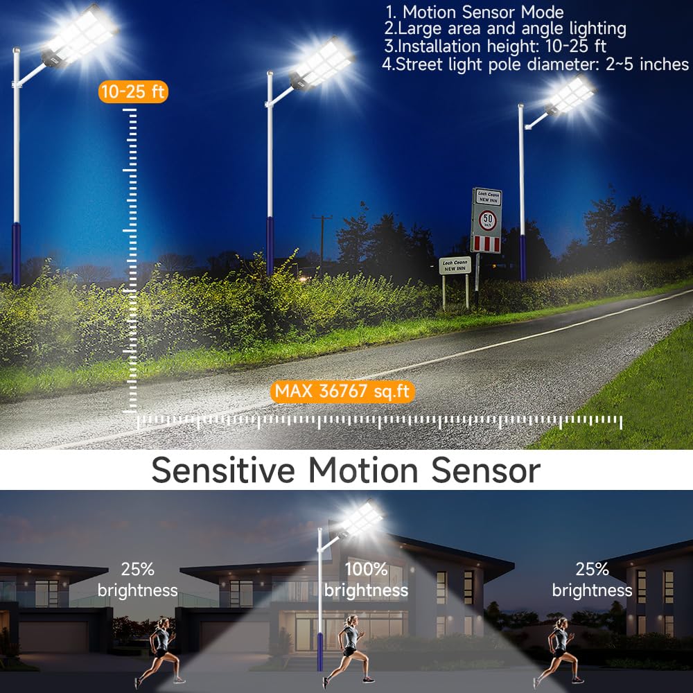 DENGMALL 24000W Solar Street Light - 24000 Lumens, Motion Sensor, Remote Control, Waterproof for Garden, Yard, Street, Parking Lot