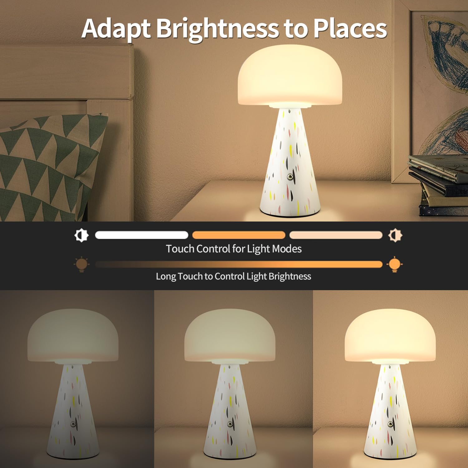 Levigo Cute Mushroom Table Lamp With Touch Switch, Natural Style Portable Cordless Led Dimmable Soft Light Lamp (Yellow)
