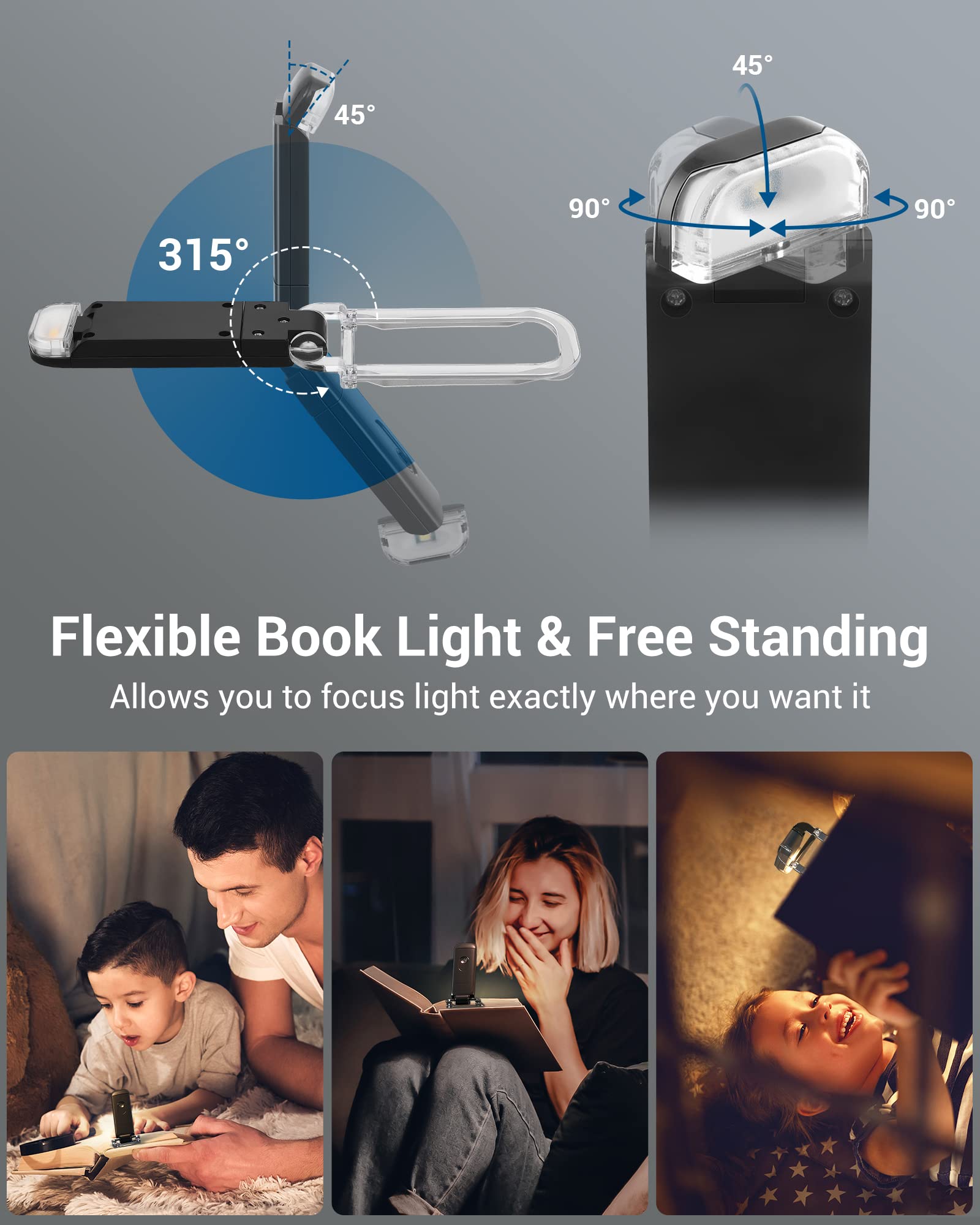 Dewenwils Usb Rechargeable Book Light For Reading In Bed, Warm White, Brightness Adjustable, Led Clip On Book Reading Lights, Pe