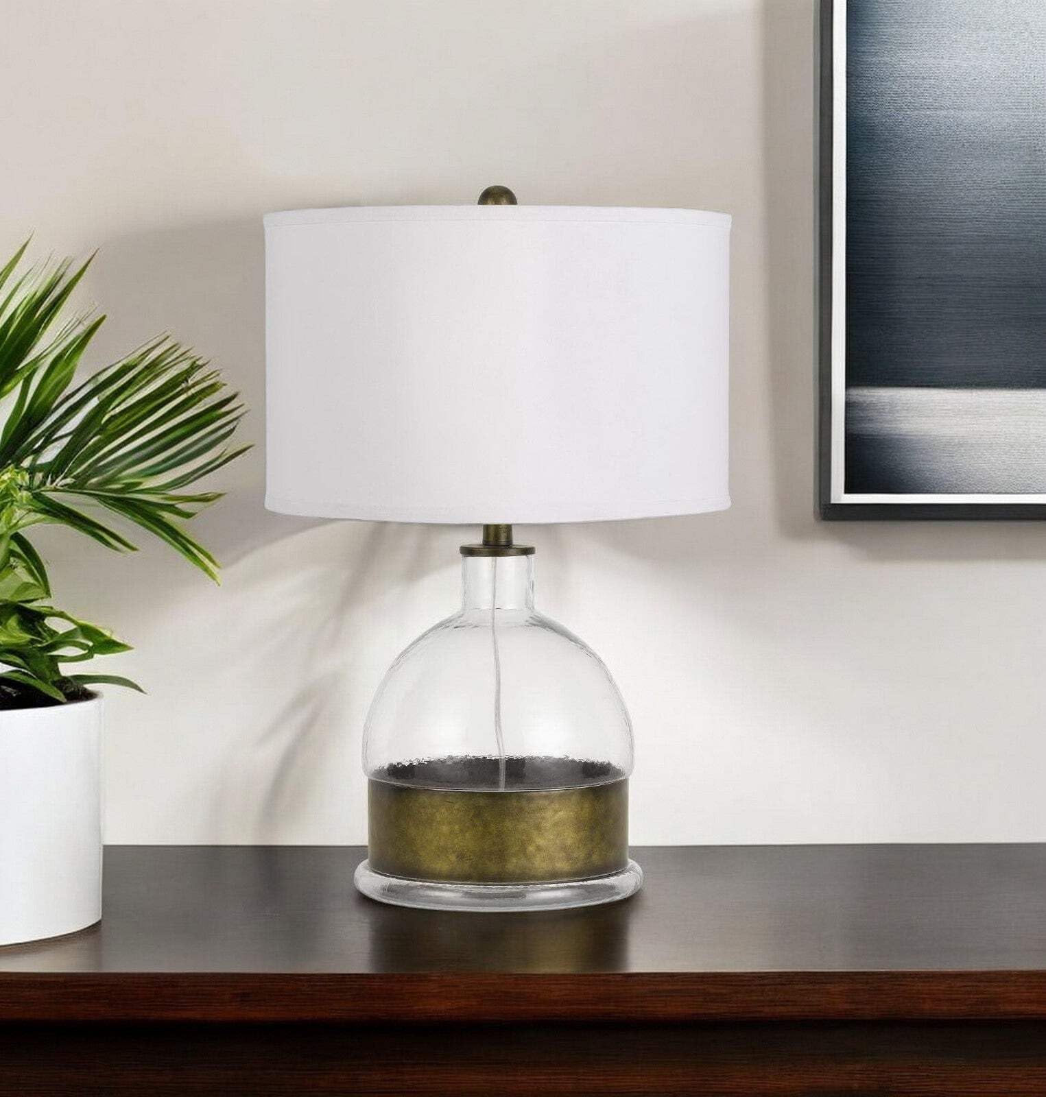 Homeroots 25 In. Clear Glass Table Lamp With White Drum Shade, Model 524768