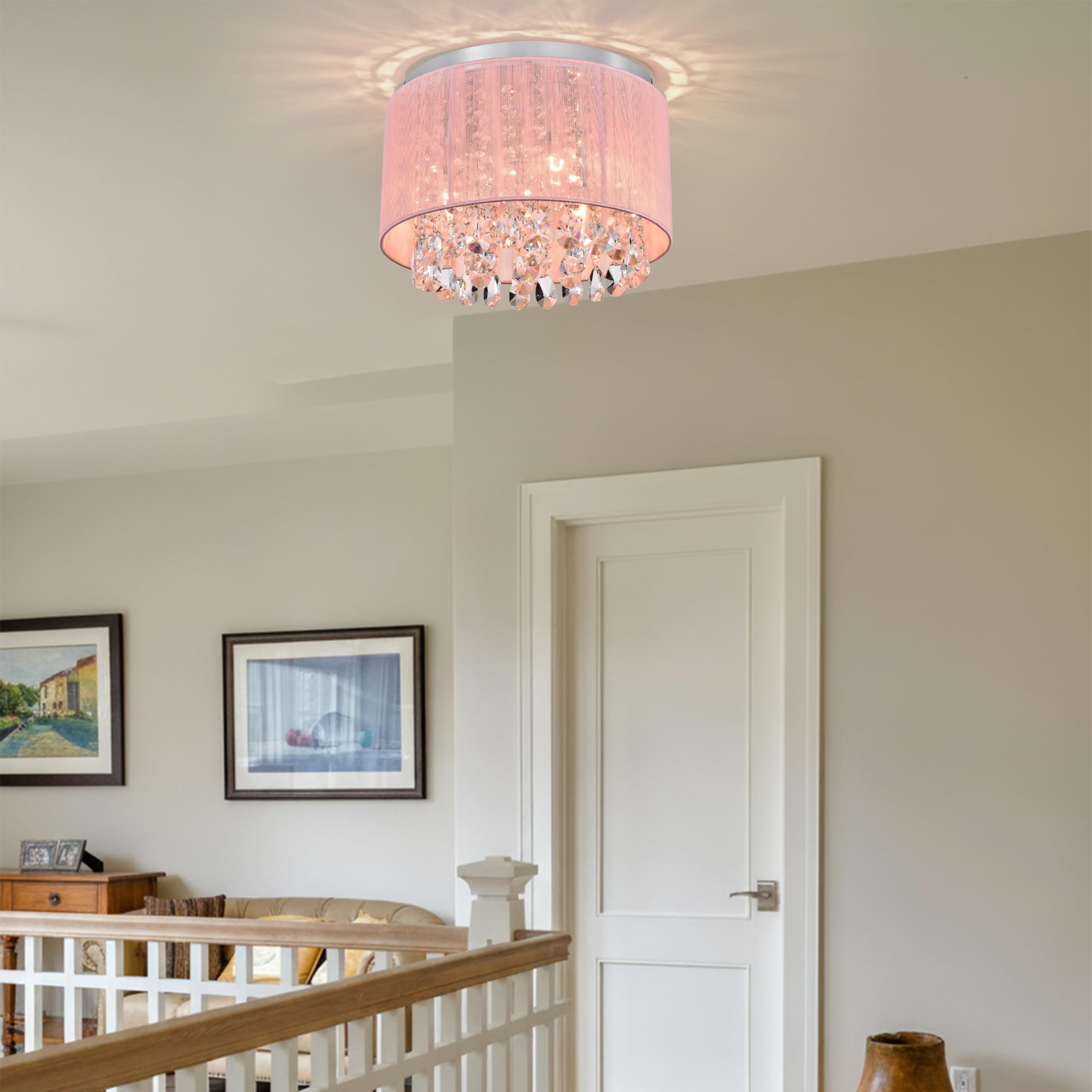 LaLuLa Pink Chandelier Drum Flush Mount Light Fixture - 3-Light 11" Round Crystal Ceiling Light for Girls Bedroom