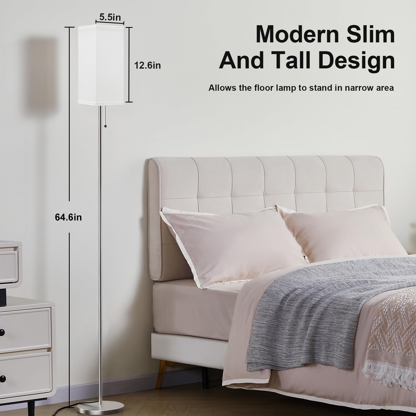 Floor Lamp For Living Room Bedroom - 3 Color Temperature Silver Standing Lamps With Pull Chain Switch, Modern Tall Lamp For Offi