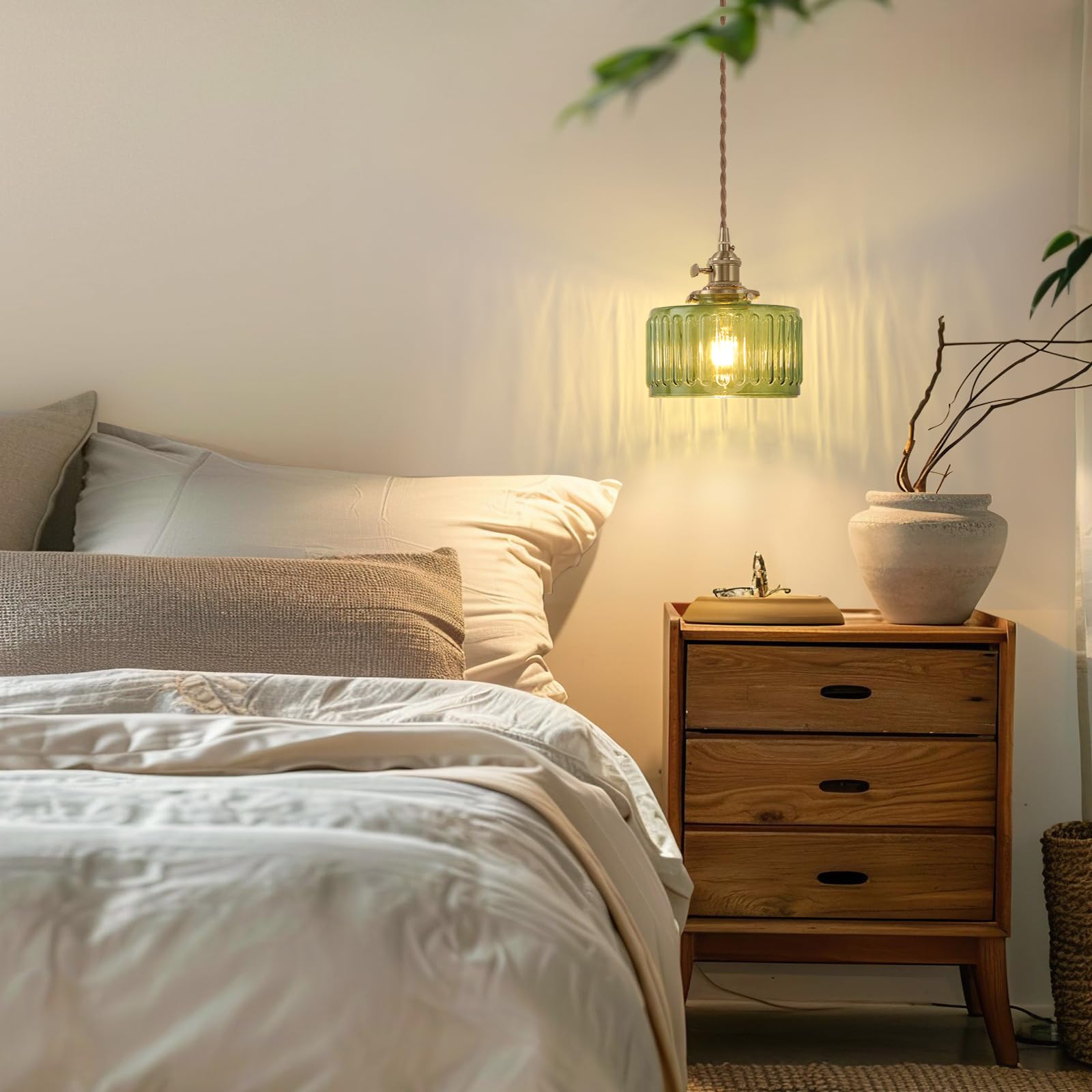 Shenmoyl Pendant Light With Green Striped Glass Lmapshade, Brass Vintage Pendant Light Adjustable Hanging Light For Kitchen Isla