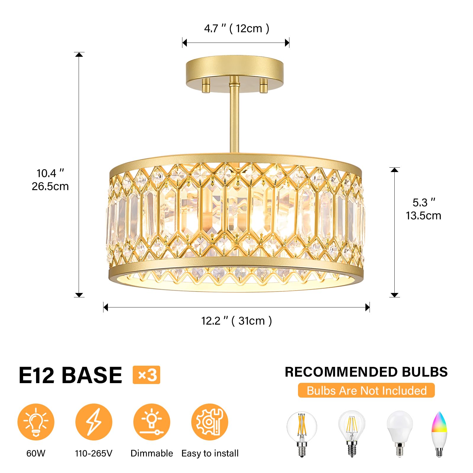 Yurnyq Crystal Ceiling Light Fixture, Modern Semi Flush Mount Ceiling Light, Gold Lighting Fixtures Ceiling Chandelier For Kitch