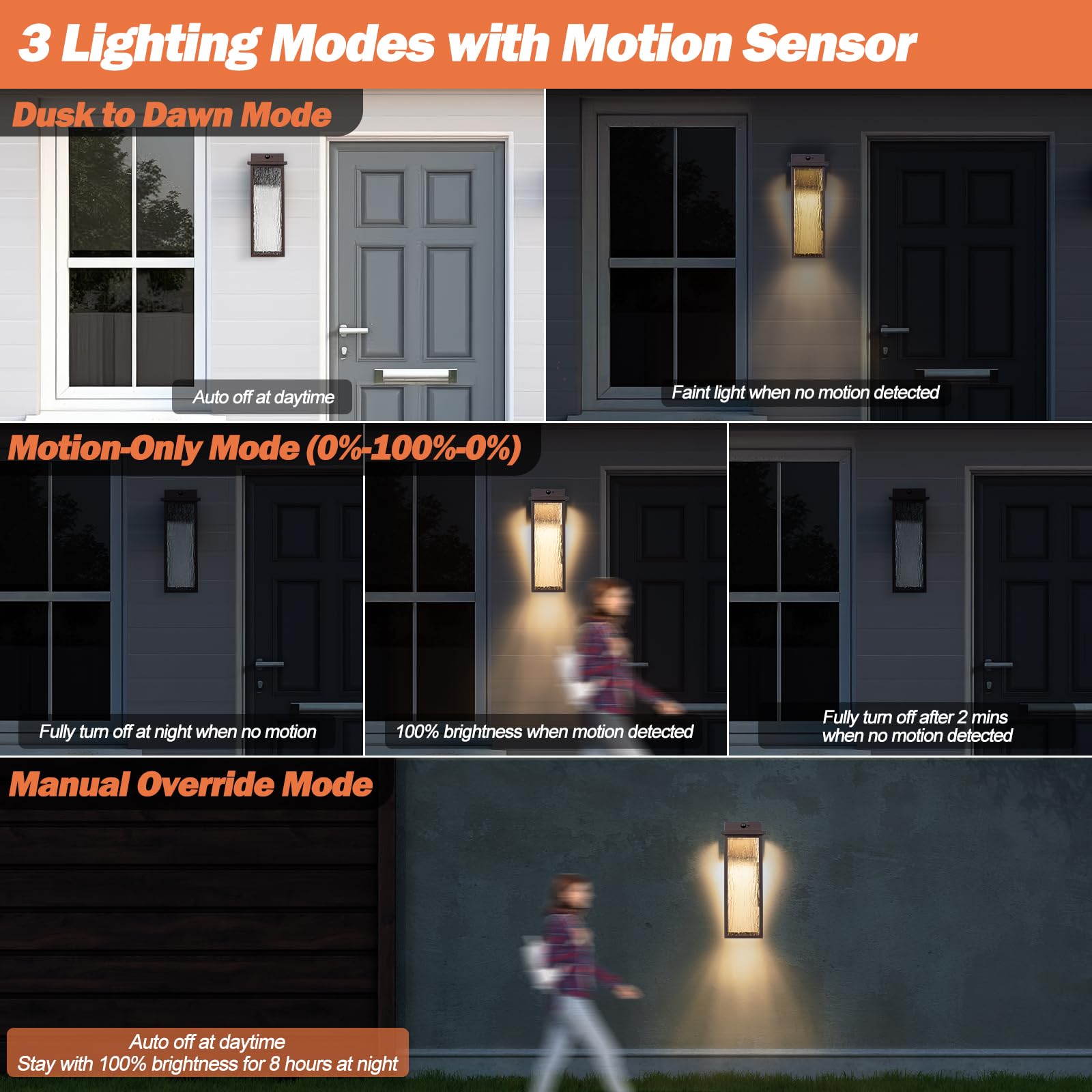 VenzBlomia LED Outdoor Lanterns, 16" Oil Rubbed Bronze, Motion Sensor, Waterproof, Rustic Sconce, 2 Pack
