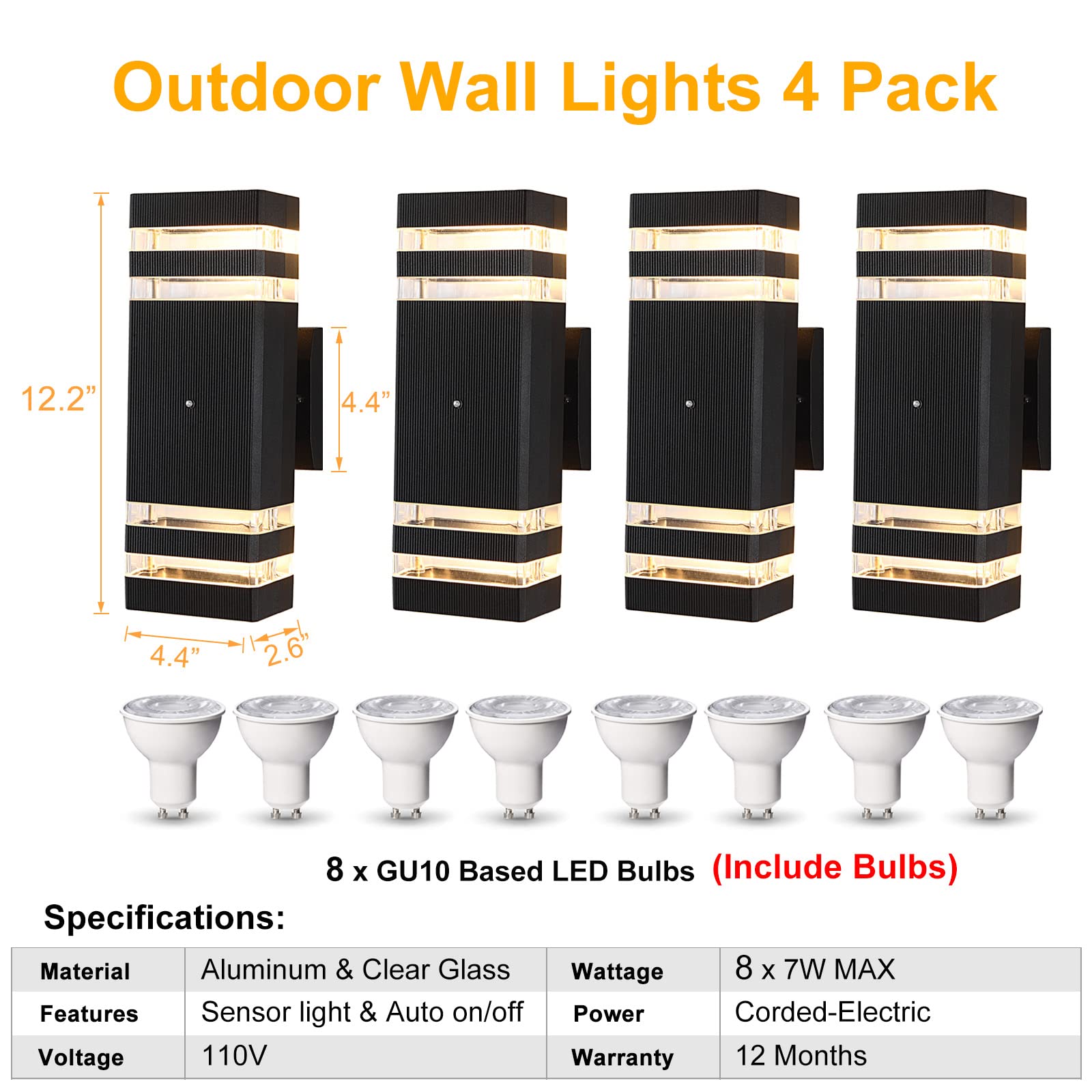 BOXCUPIN Outdoor Wall Lights - Dusk to Dawn Sensor, Aluminum, Black, 4 Pack, Model BXOWLS8, Waterproof Up and Down Sconces for Porch, Patio, Garage