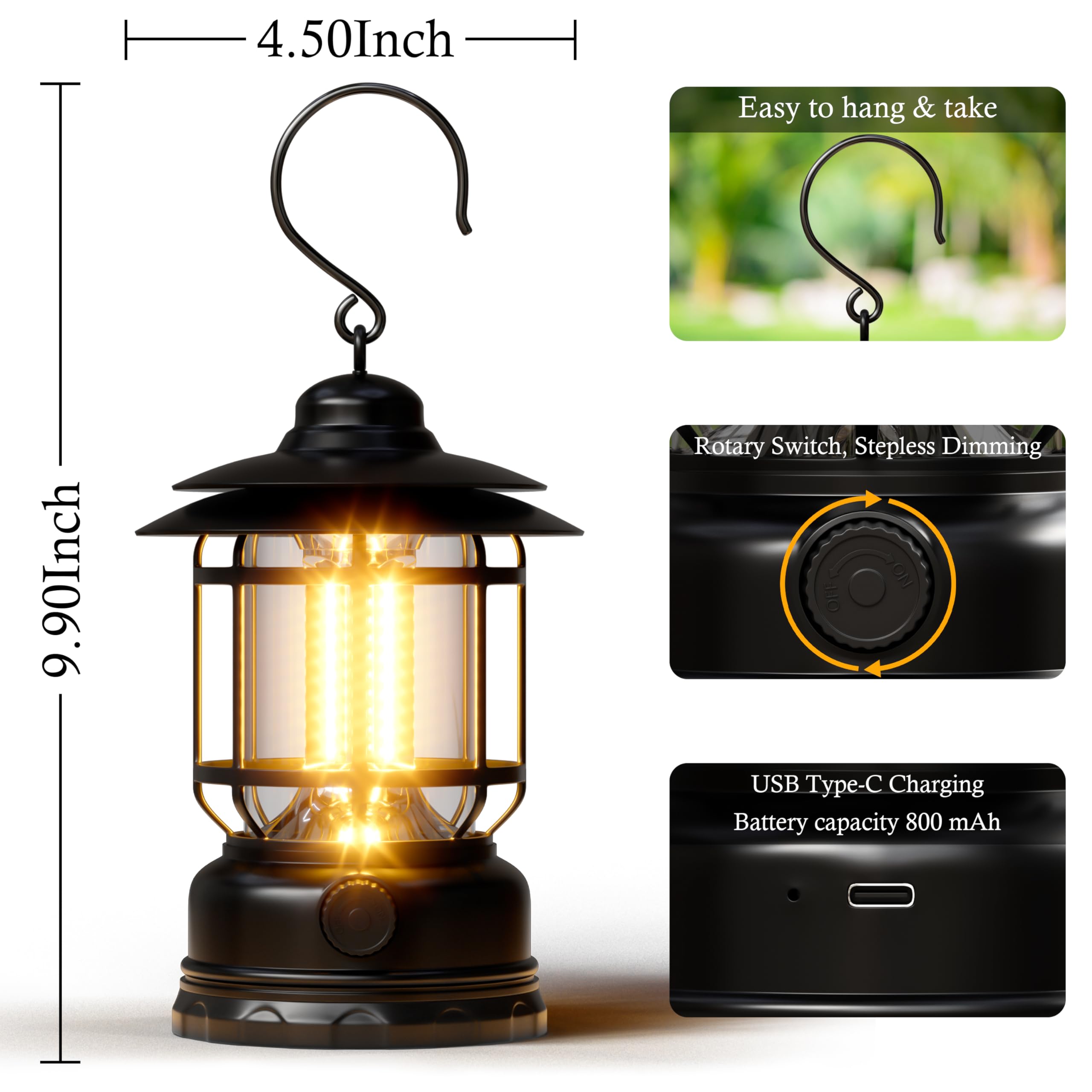Retor LED Camping Lanterns Black 3 Pack 1500 LM Step-Less Dimming, Lightweight Battery Powered USB Rechargeable Flashlight Survi